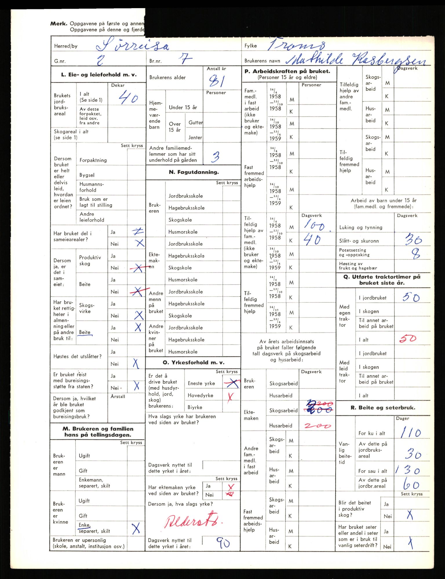 Statistisk sentralbyrå, Næringsøkonomiske emner, Jordbruk, skogbruk, jakt, fiske og fangst, AV/RA-S-2234/G/Gd/L0656: Troms: 1924 Målselv (kl. 0-3) og 1925 Sørreisa, 1959, p. 427