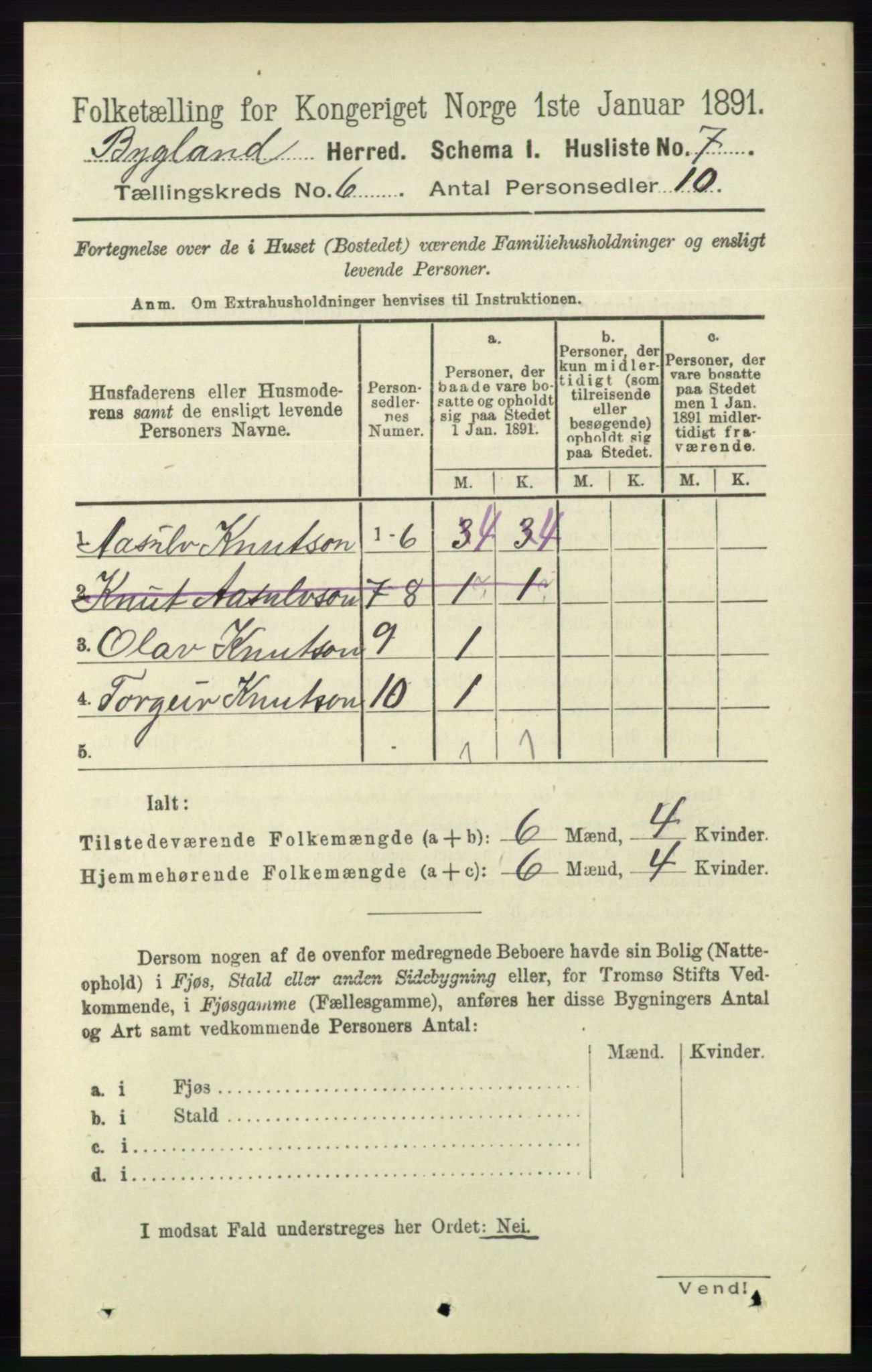 RA, 1891 census for 0938 Bygland, 1891, p. 1314