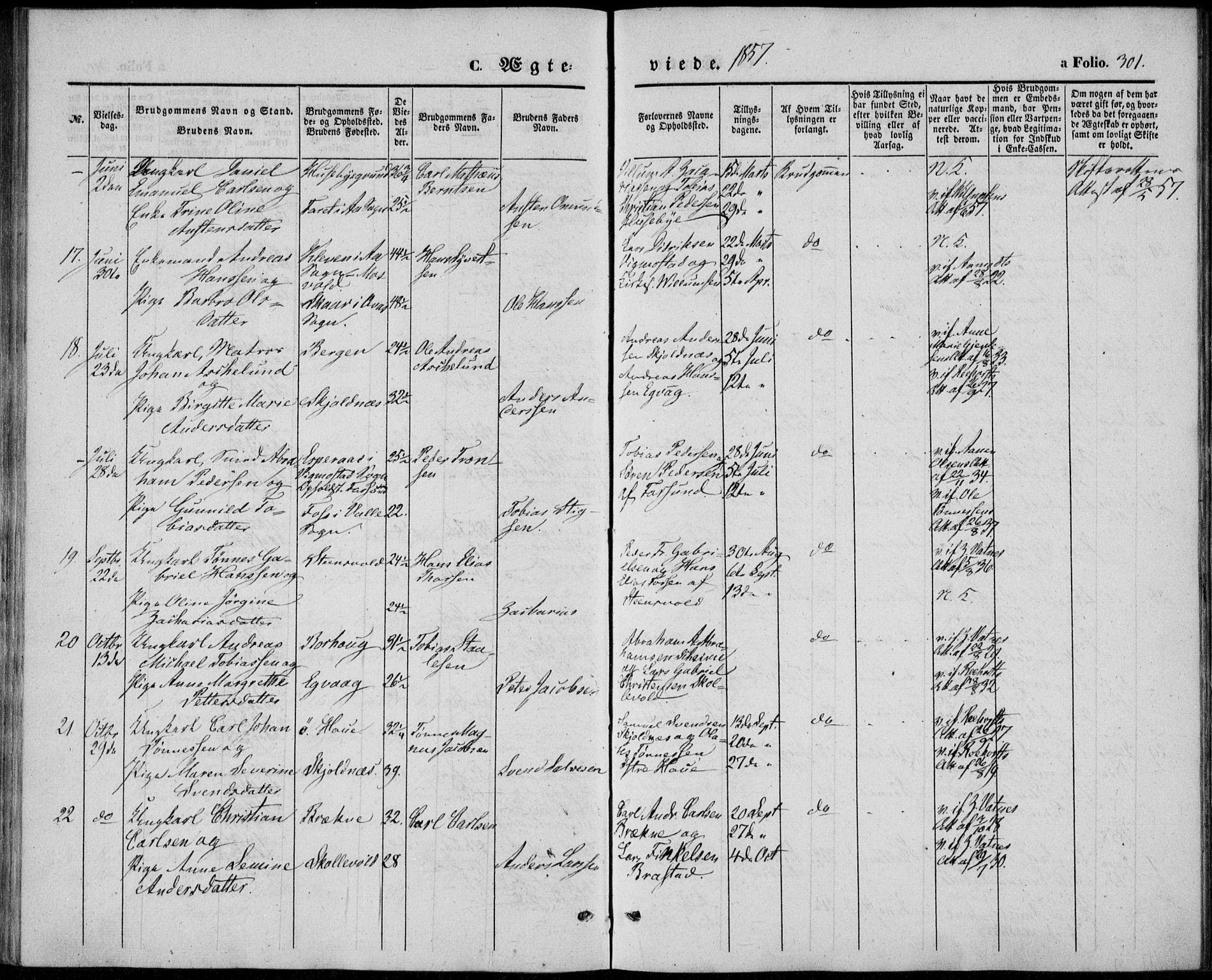 Lista sokneprestkontor, AV/SAK-1111-0027/F/Fb/L0002: Parish register (copy) no. B 2, 1847-1862, p. 301