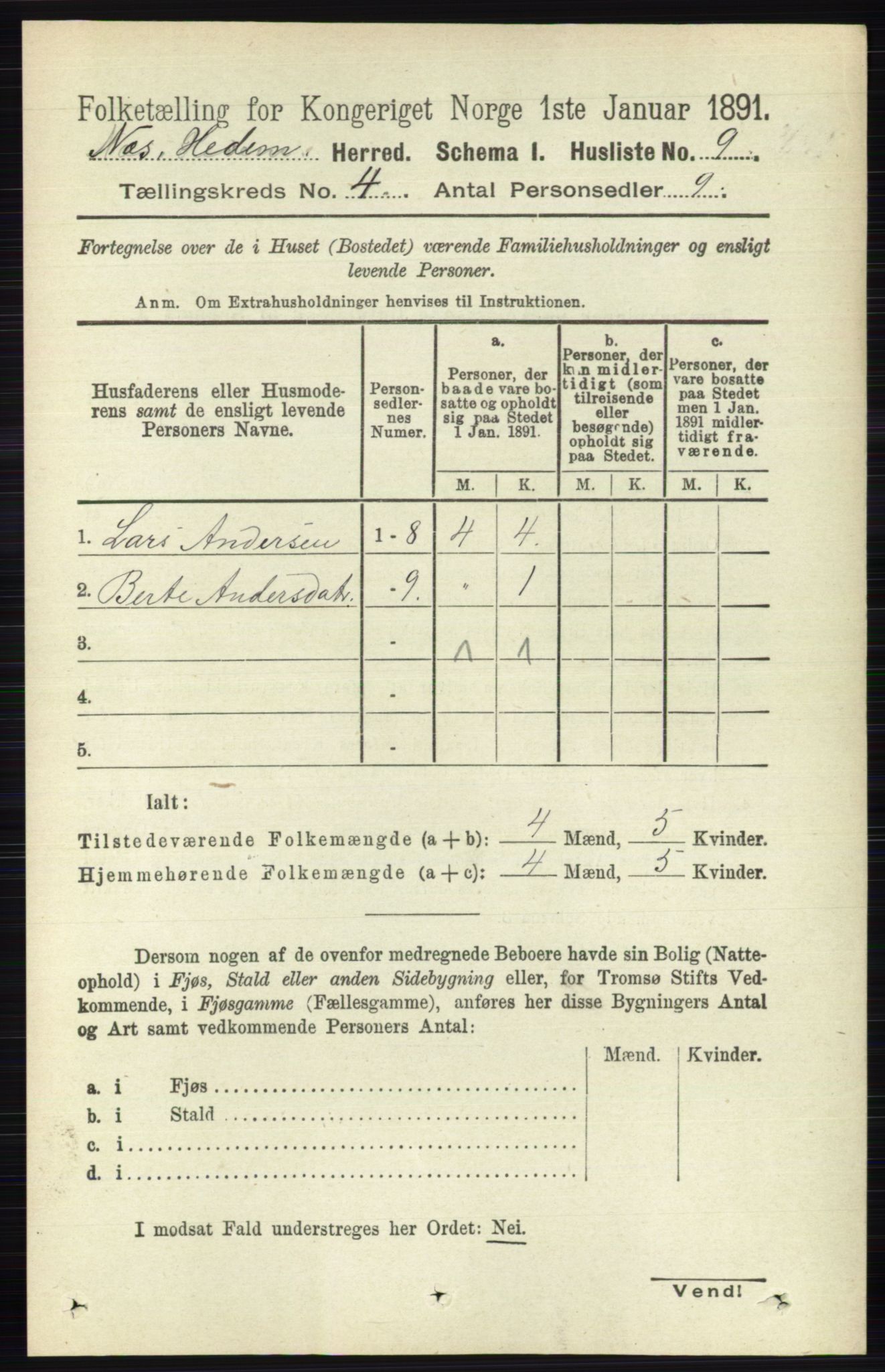 RA, 1891 census for 0411 Nes, 1891, p. 1961