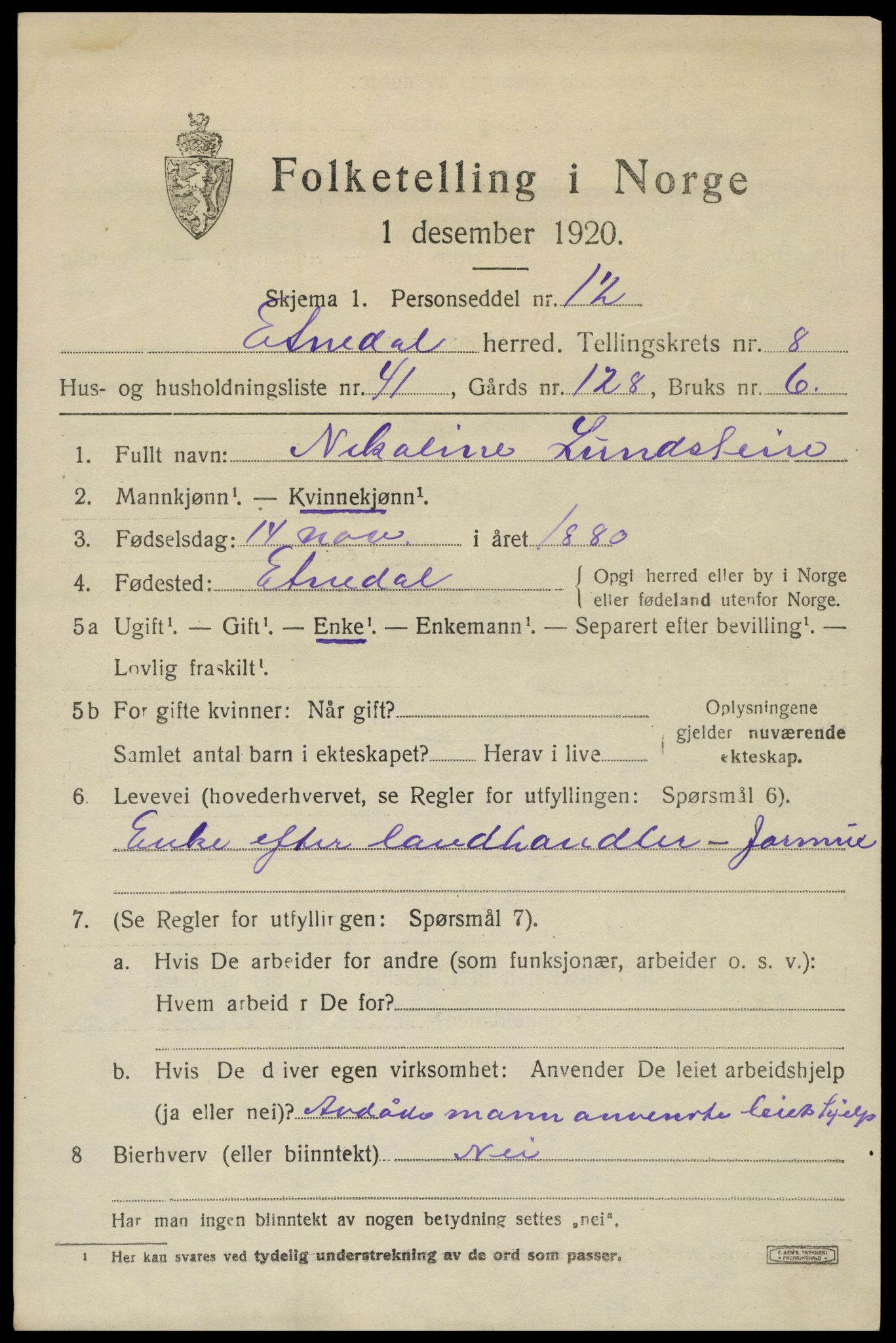 SAH, 1920 census for Etnedal, 1920, p. 3952