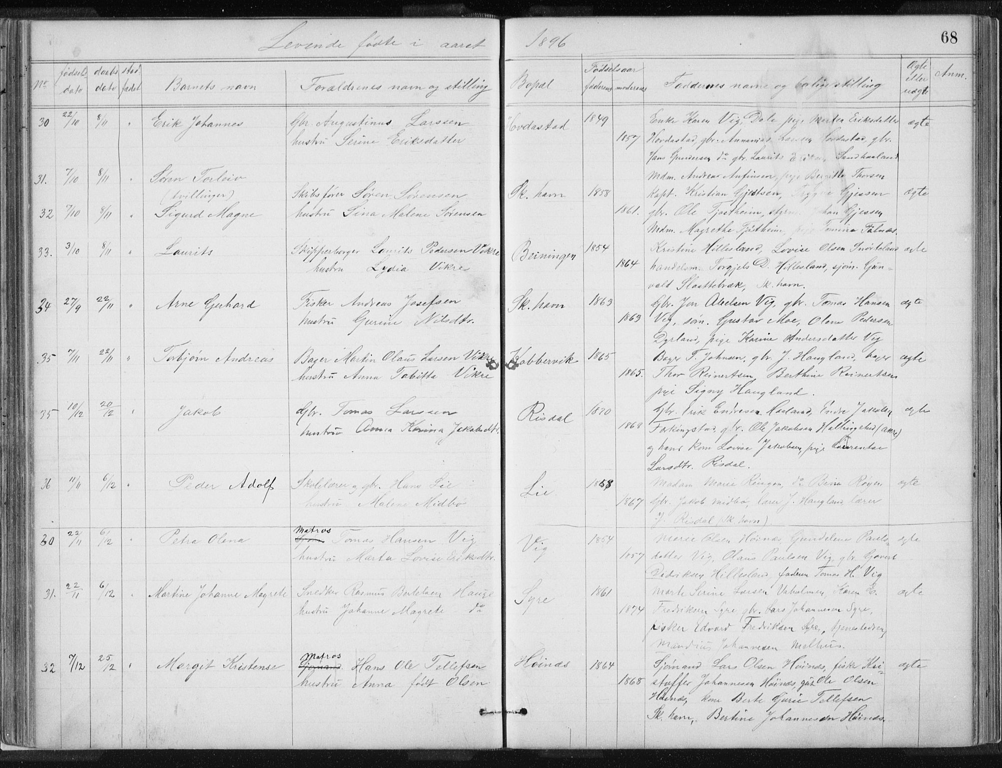 Skudenes sokneprestkontor, AV/SAST-A -101849/H/Ha/Hab/L0007: Parish register (copy) no. B 7, 1885-1899, p. 68