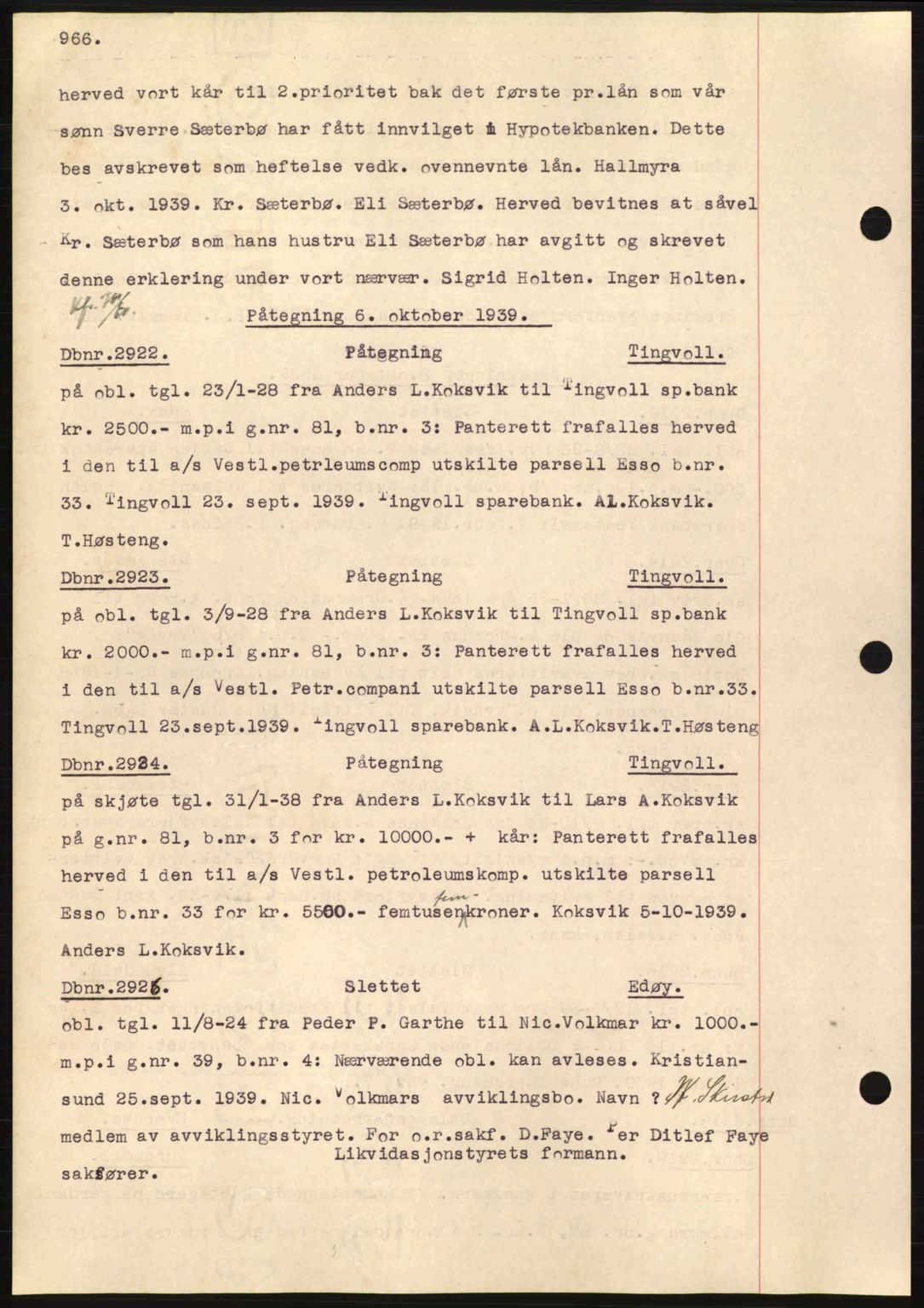 Nordmøre sorenskriveri, AV/SAT-A-4132/1/2/2Ca: Mortgage book no. C80, 1936-1939, Diary no: : 2922/1939