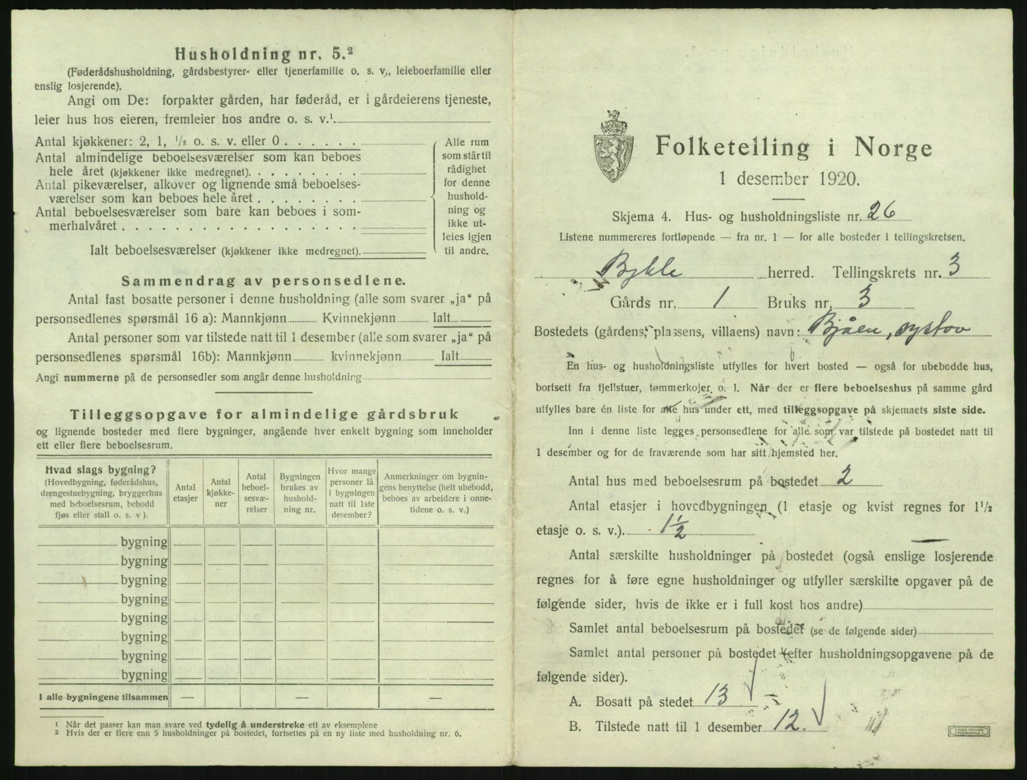 SAK, 1920 census for Bykle, 1920, p. 213