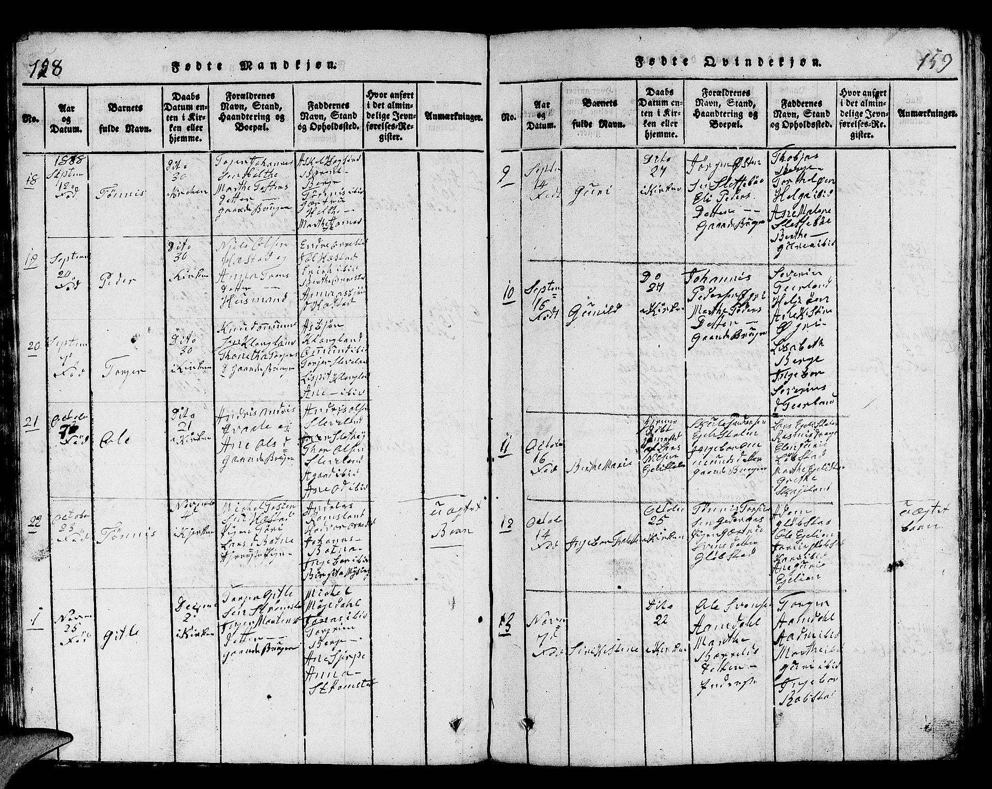 Helleland sokneprestkontor, AV/SAST-A-101810: Parish register (copy) no. B 1, 1815-1841, p. 158-159