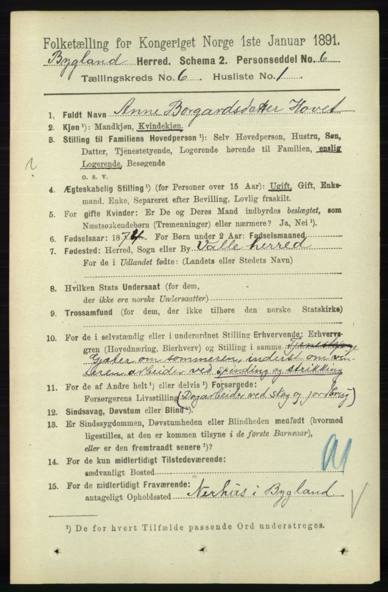 RA, 1891 census for 0938 Bygland, 1891, p. 1341