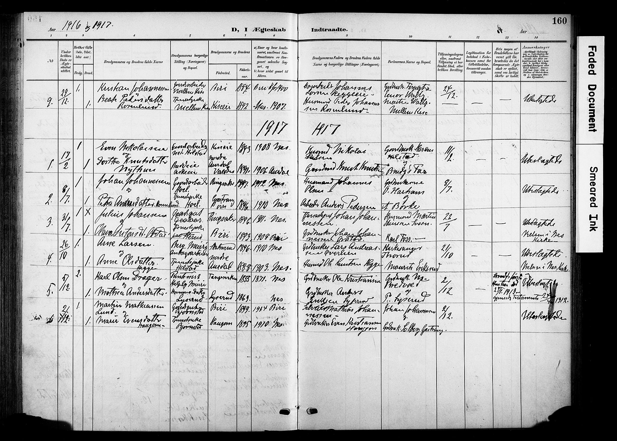 Nes prestekontor, Hedmark, SAH/PREST-020/K/Ka/L0013: Parish register (official) no. 13, 1906-1924, p. 160