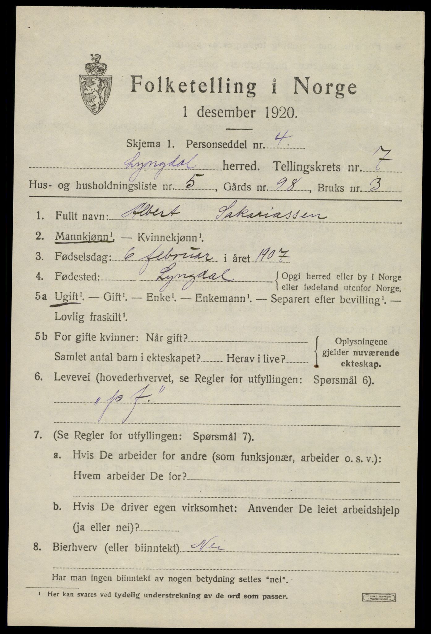 SAK, 1920 census for Lyngdal, 1920, p. 3951