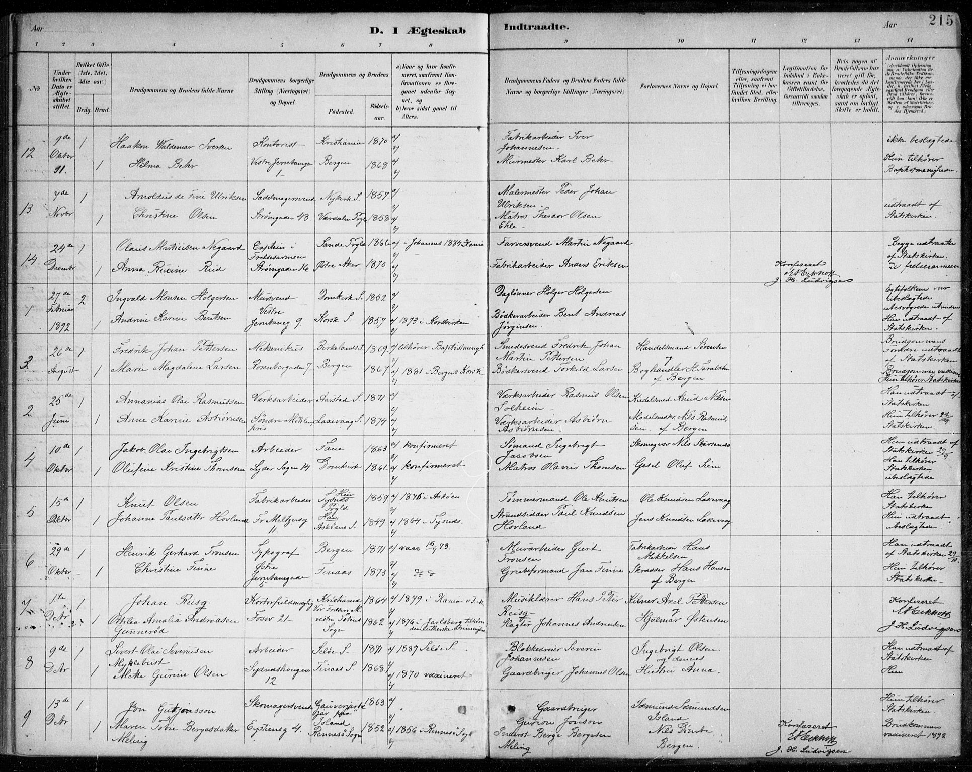 Johanneskirken sokneprestembete, SAB/A-76001/H/Haa/L0012: Parish register (official) no. D 1, 1885-1912, p. 215