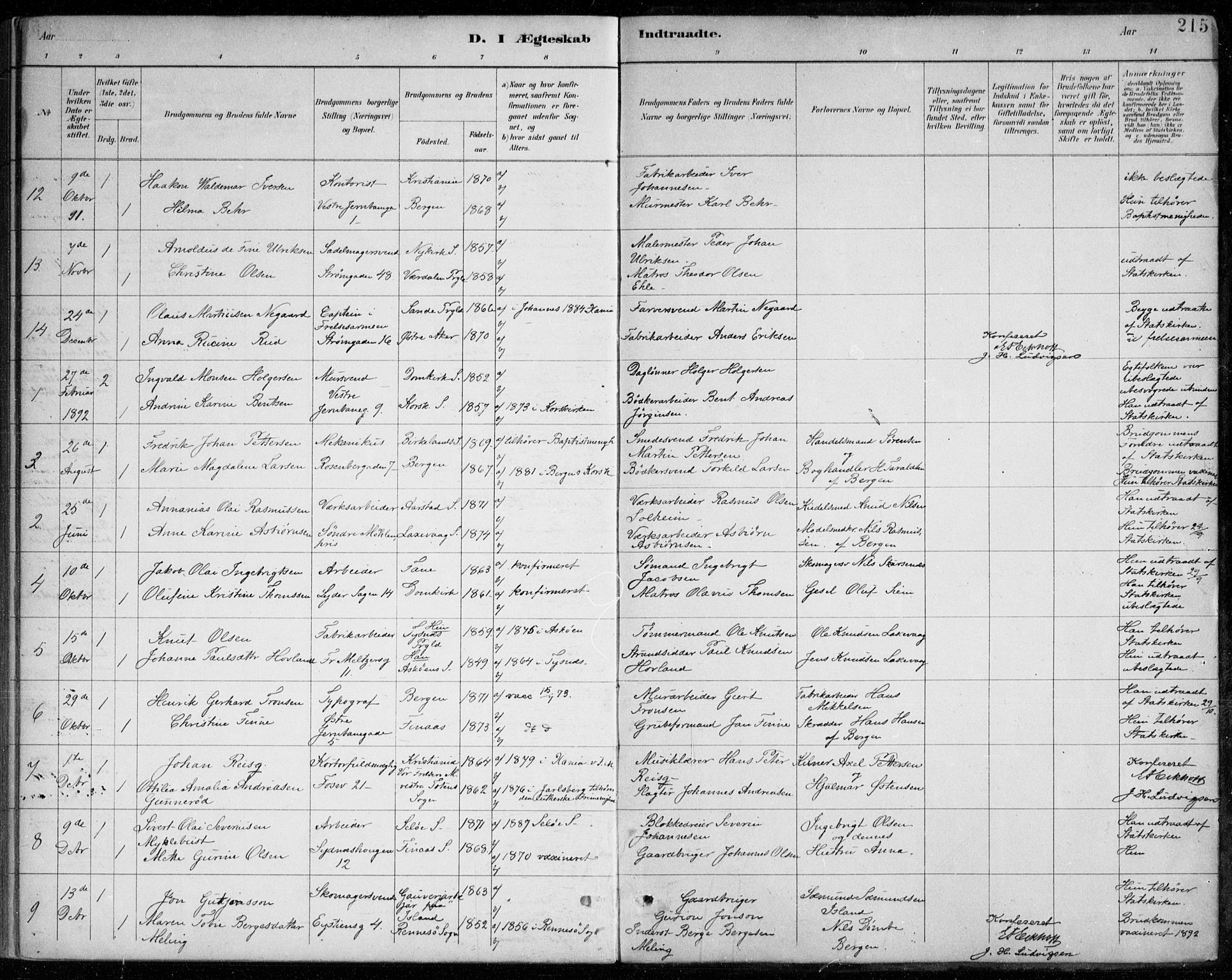 Johanneskirken sokneprestembete, AV/SAB-A-76001/H/Haa/L0012: Parish register (official) no. D 1, 1885-1912, p. 215