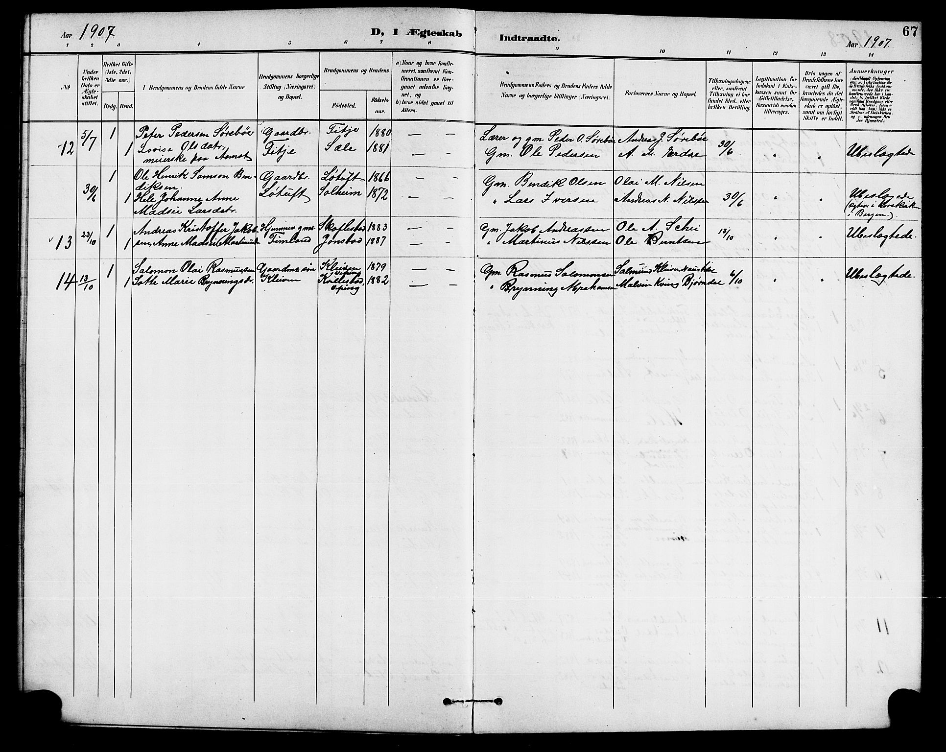 Førde sokneprestembete, SAB/A-79901/H/Hab/Habd/L0005: Parish register (copy) no. D 5, 1898-1911, p. 67