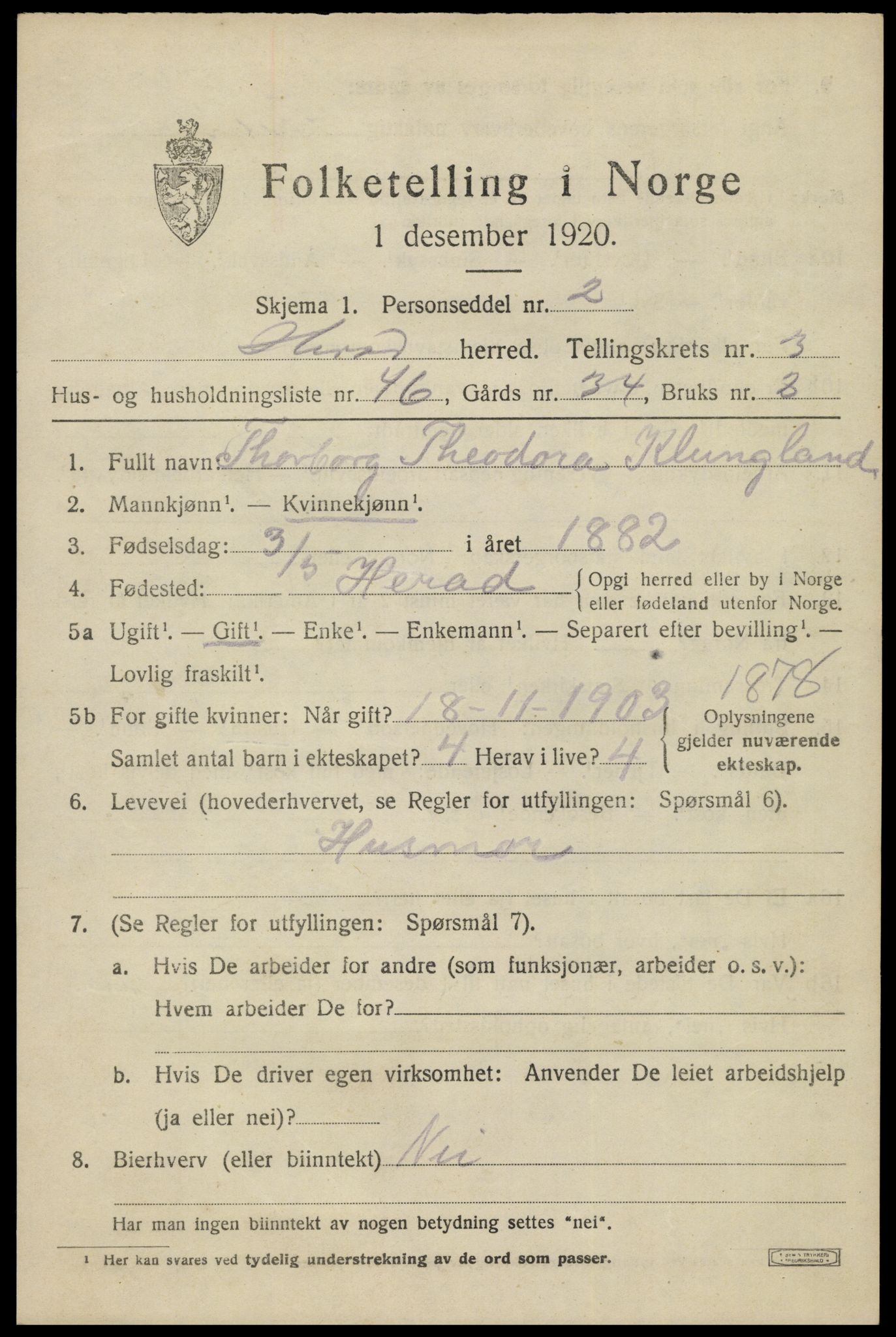 SAK, 1920 census for Herad, 1920, p. 1678