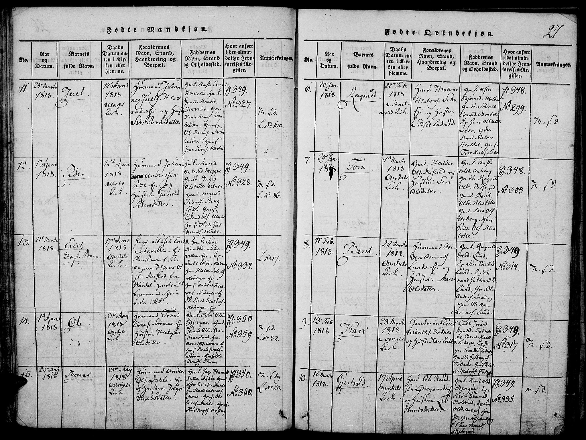 Nord-Aurdal prestekontor, SAH/PREST-132/H/Ha/Haa/L0002: Parish register (official) no. 2, 1816-1828, p. 27