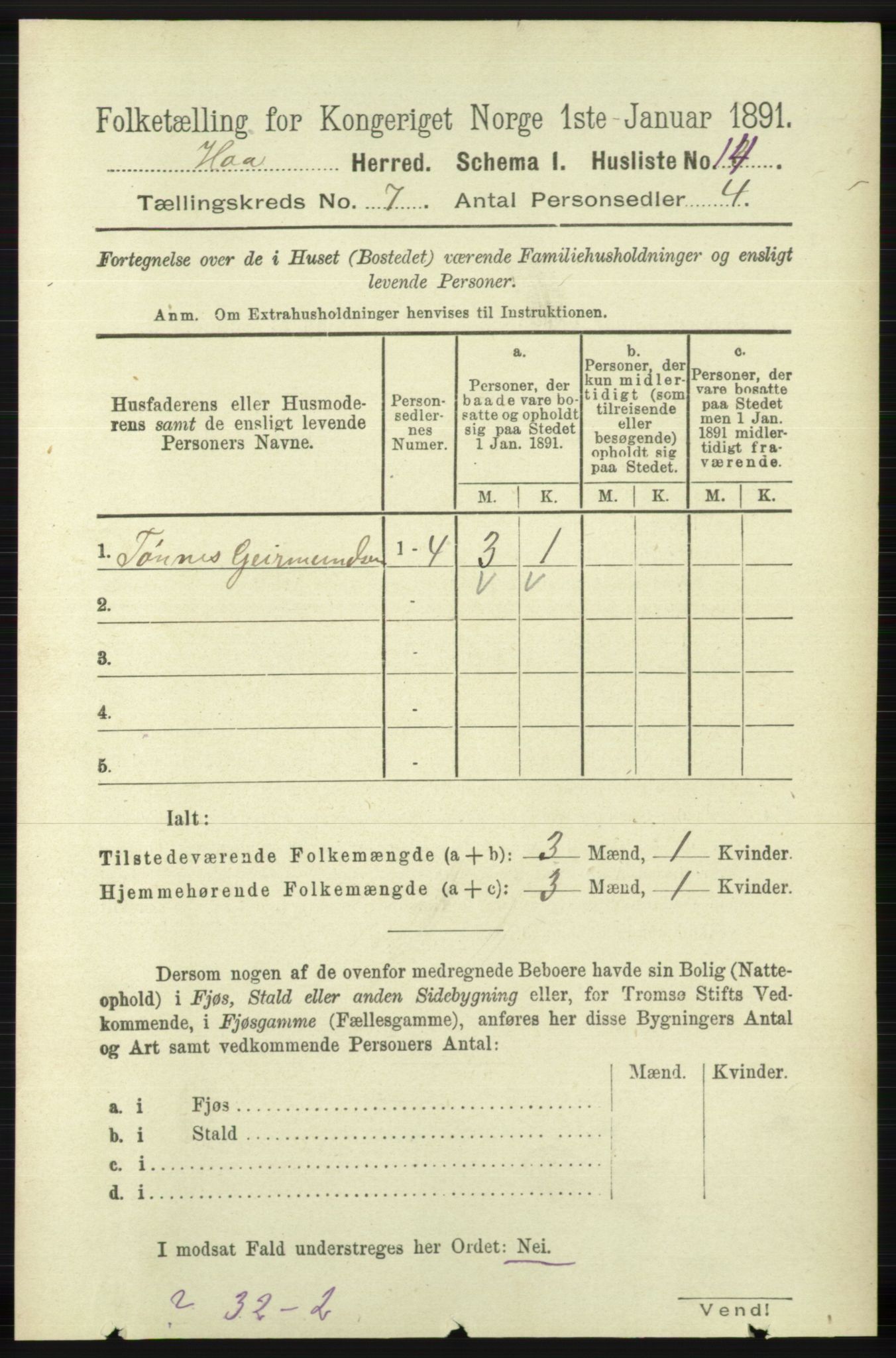 RA, 1891 census for 1119 Hå, 1891, p. 1905