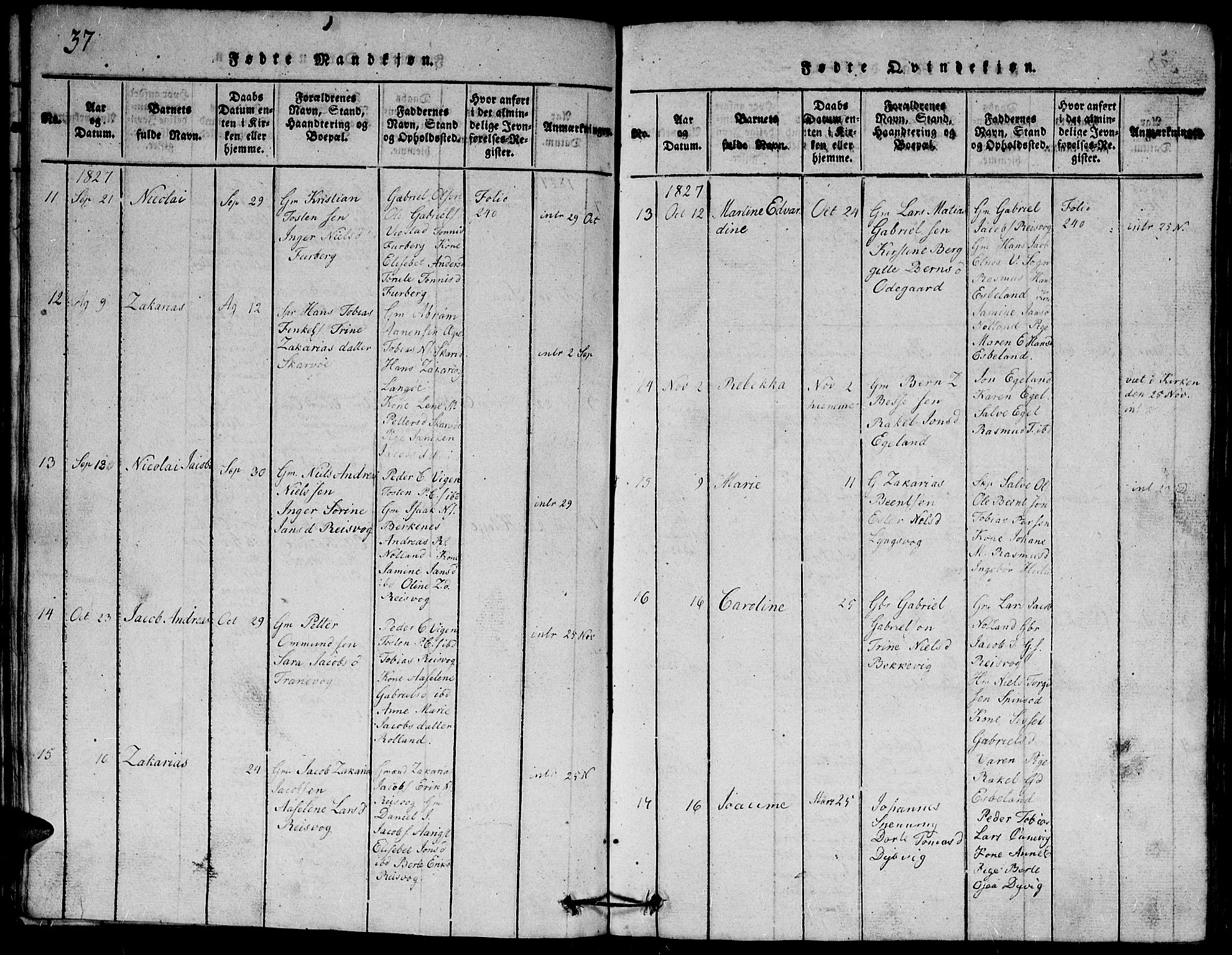 Herad sokneprestkontor, AV/SAK-1111-0018/F/Fb/Fbb/L0001: Parish register (copy) no. B 1, 1815-1852, p. 37