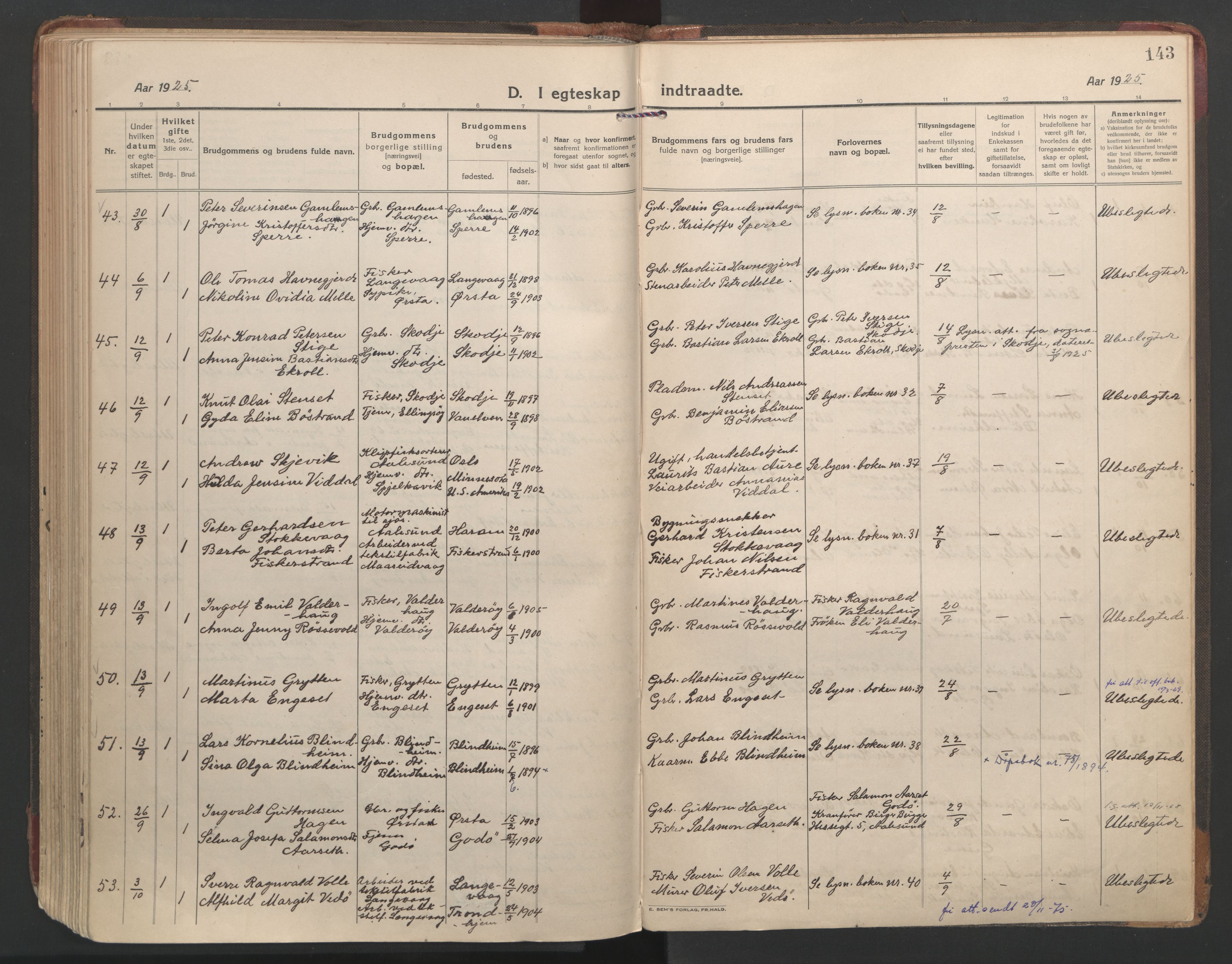 Ministerialprotokoller, klokkerbøker og fødselsregistre - Møre og Romsdal, SAT/A-1454/528/L0412: Parish register (official) no. 528A21, 1920-1926, p. 143