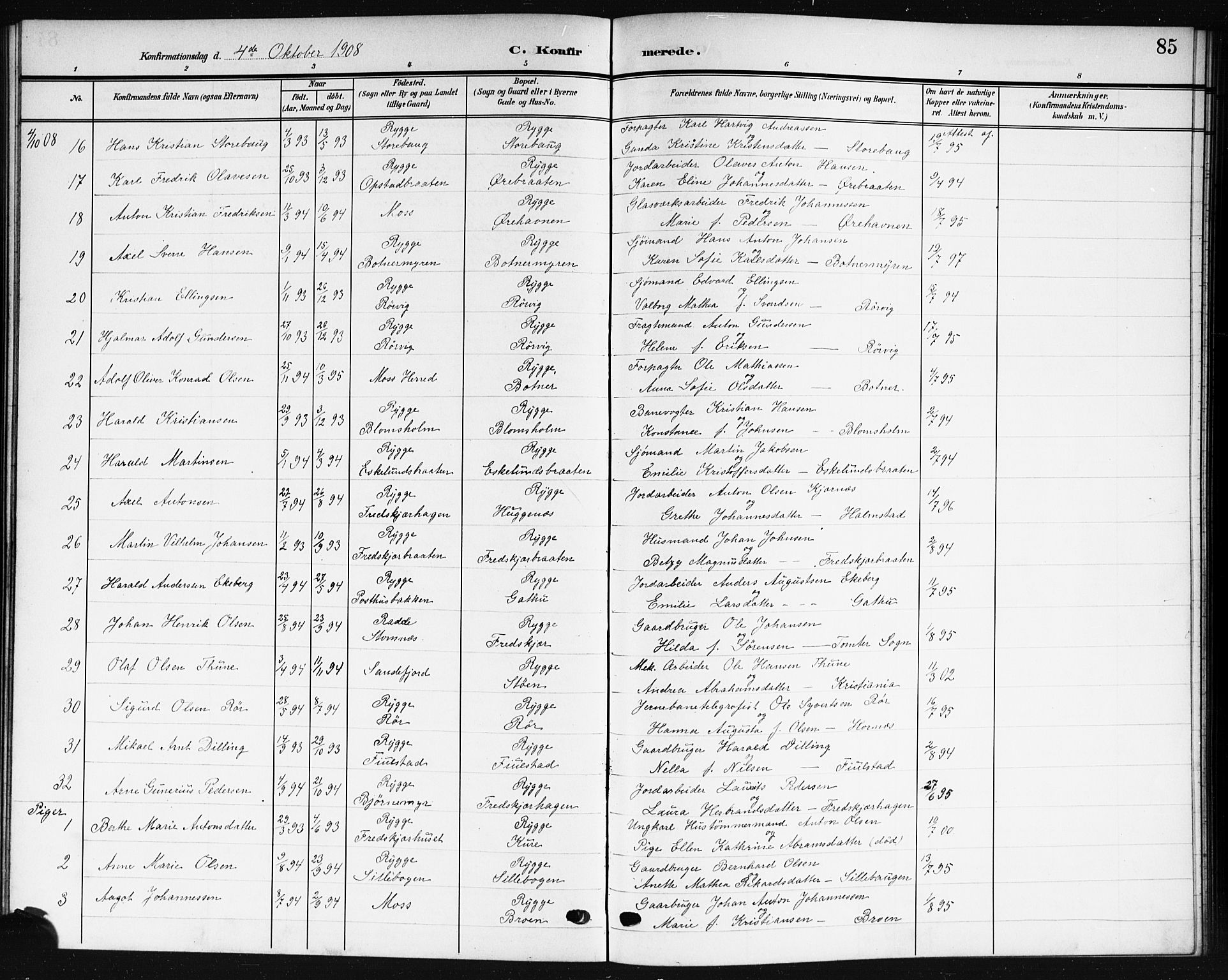 Rygge prestekontor Kirkebøker, AV/SAO-A-10084b/G/Ga/L0003: Parish register (copy) no. 3, 1906-1921, p. 85