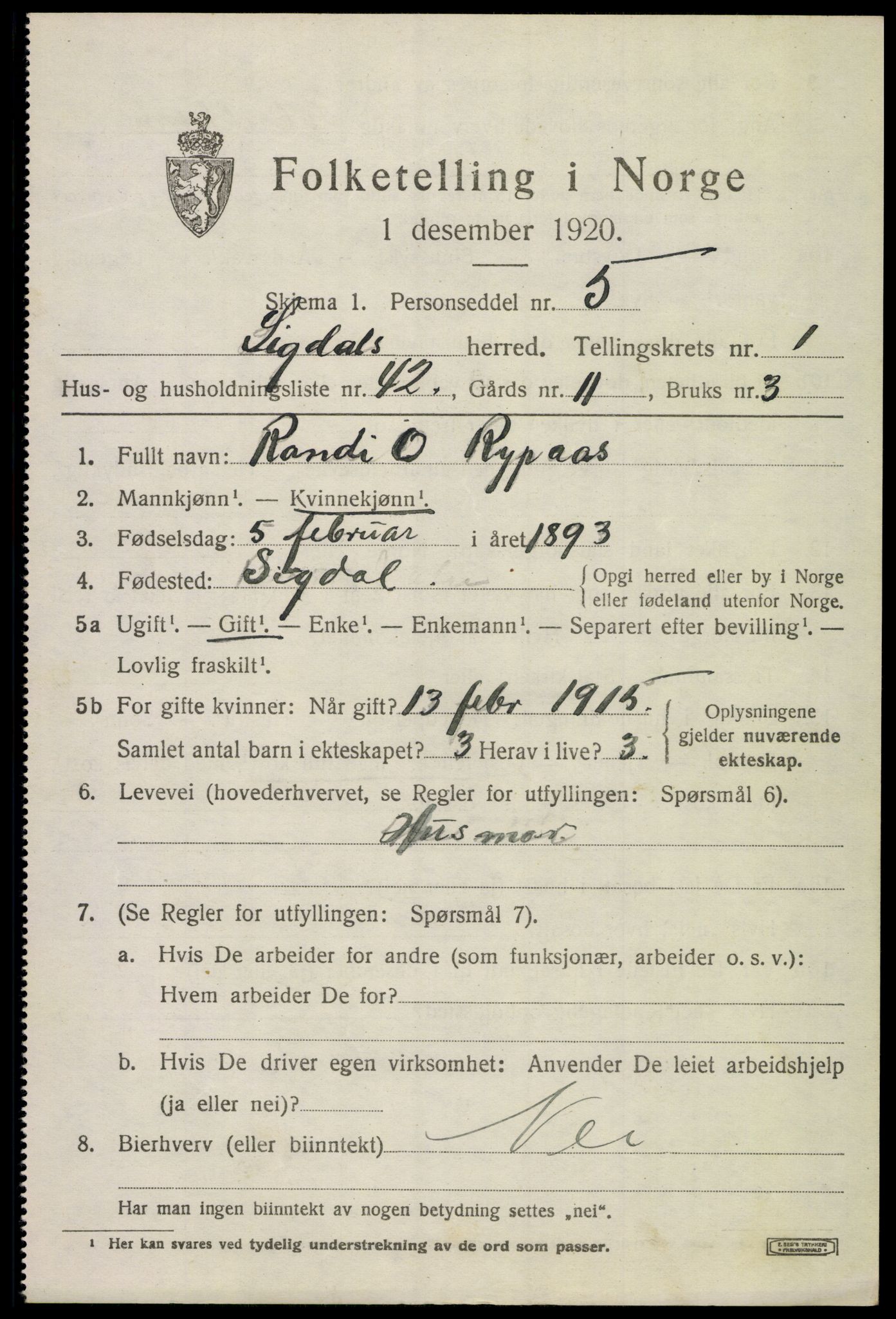 SAKO, 1920 census for Sigdal, 1920, p. 1910