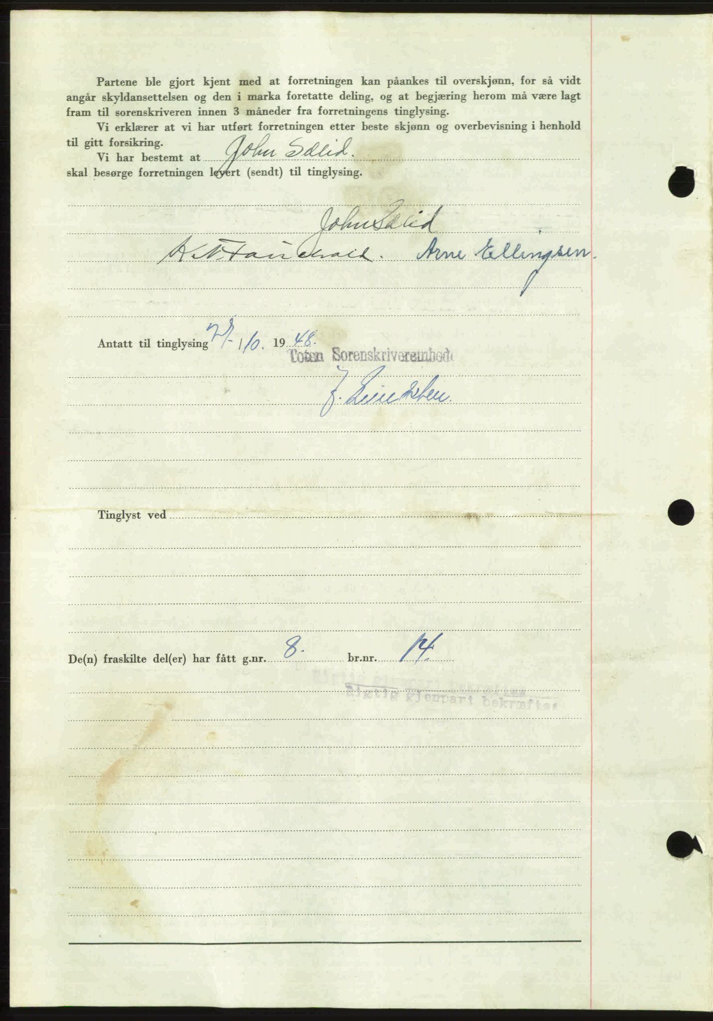 Toten tingrett, SAH/TING-006/H/Hb/Hbc/L0020: Mortgage book no. Hbc-20, 1948-1948, Diary no: : 3561/1948