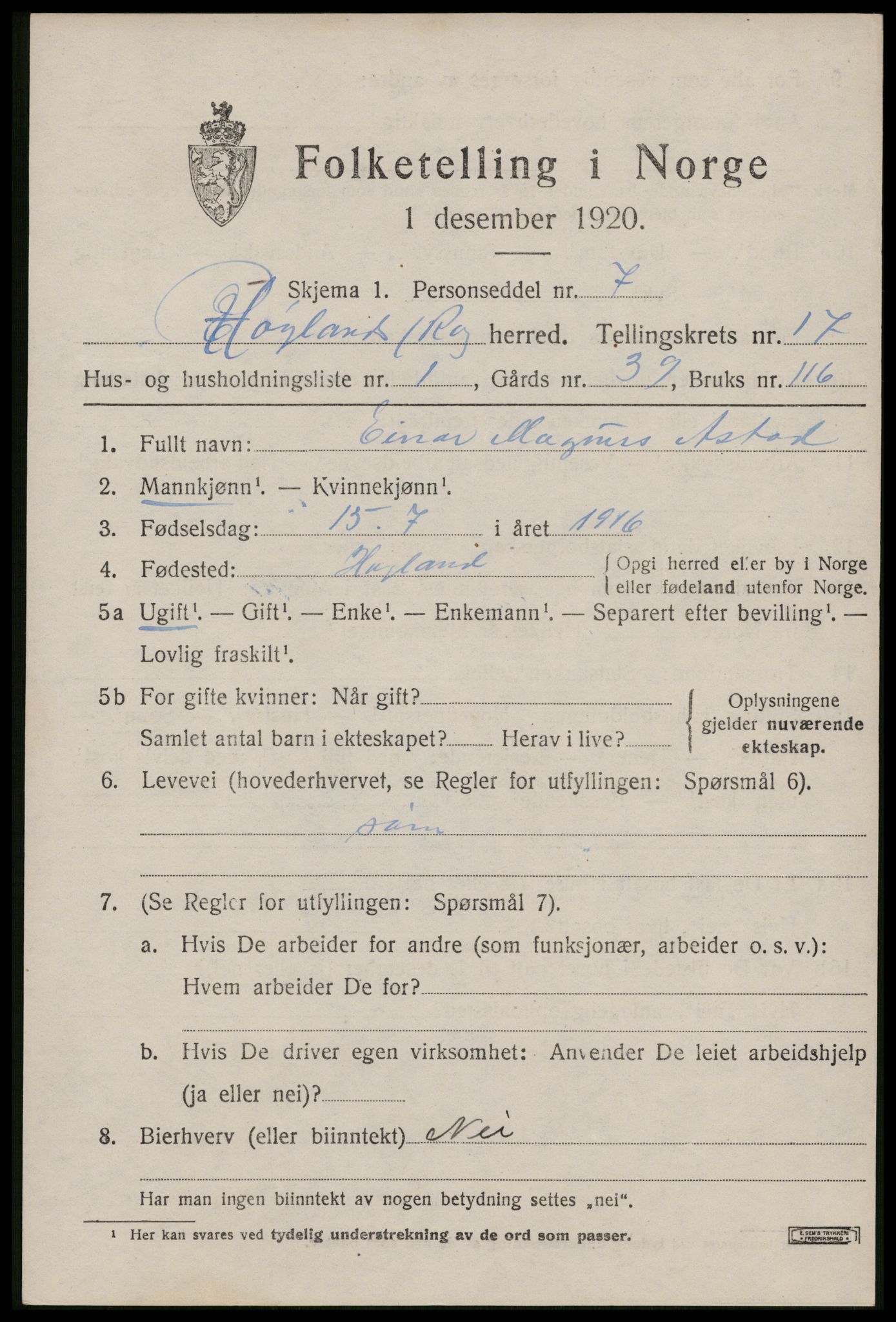 SAST, 1920 census for Høyland, 1920, p. 15612