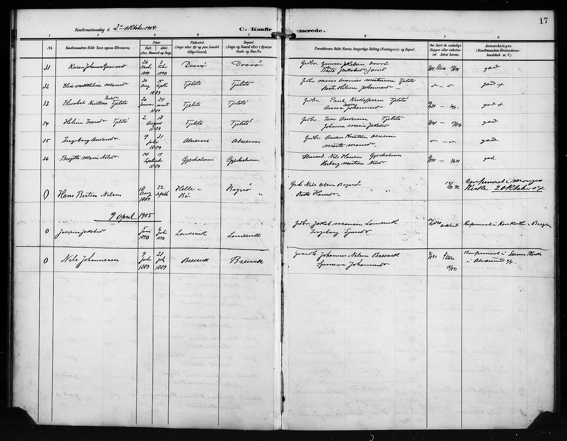 Herdla Sokneprestembete, AV/SAB-A-75701/H/Hab: Parish register (copy) no. A 4, 1902-1923, p. 17