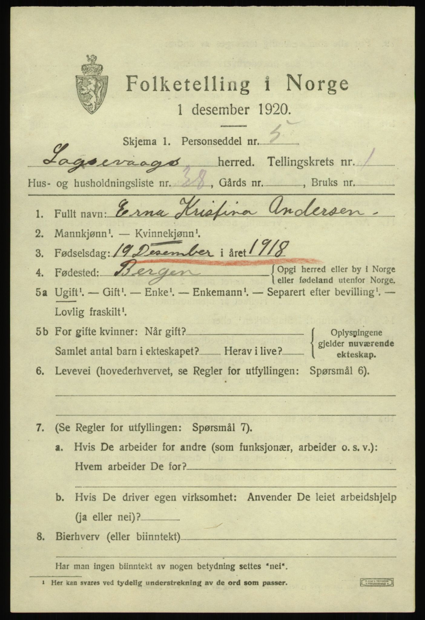 SAB, 1920 census for Laksevåg, 1920, p. 2904