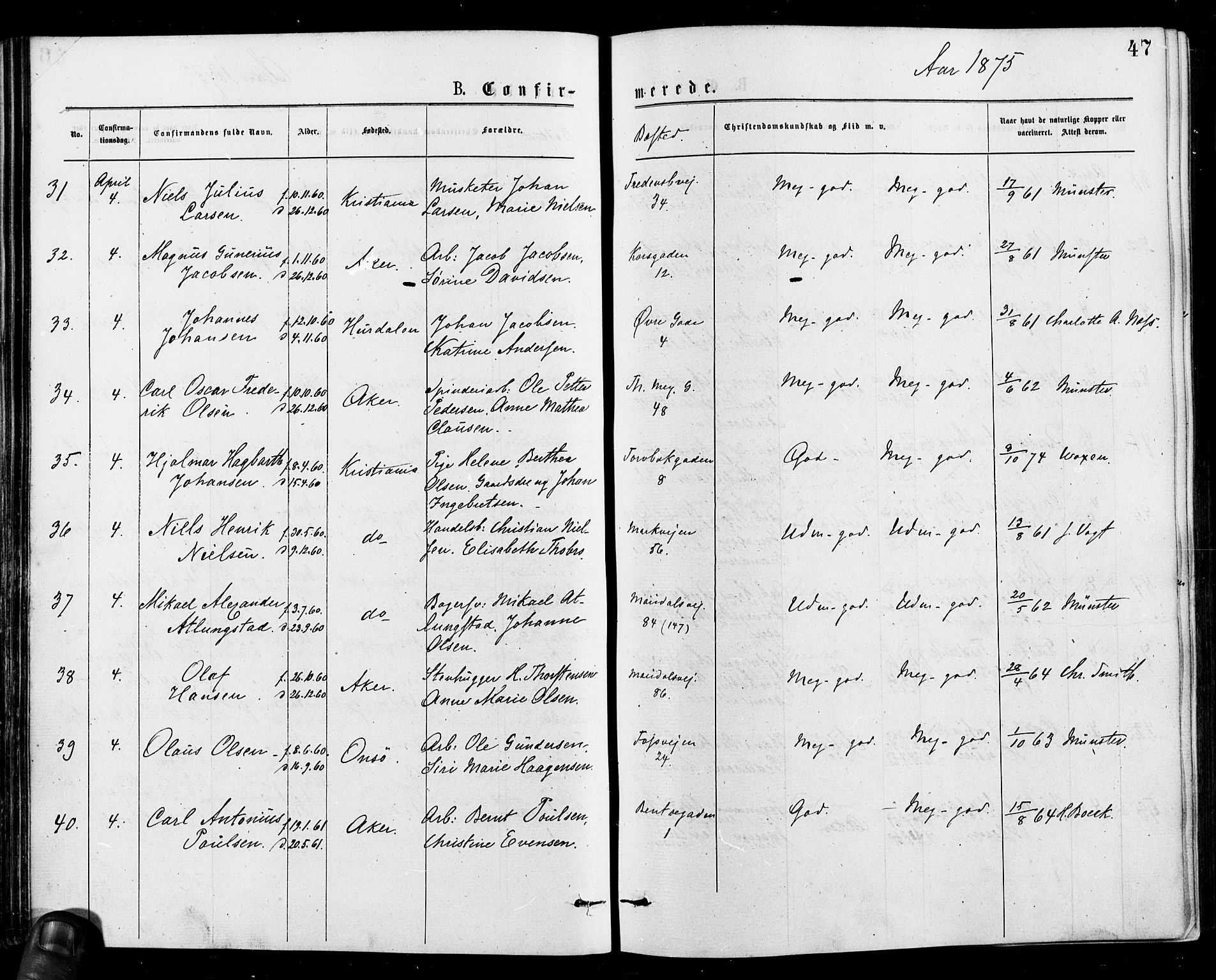 Gamle Aker prestekontor Kirkebøker, AV/SAO-A-10617a/F/L0005: Parish register (official) no. 5, 1873-1881, p. 47