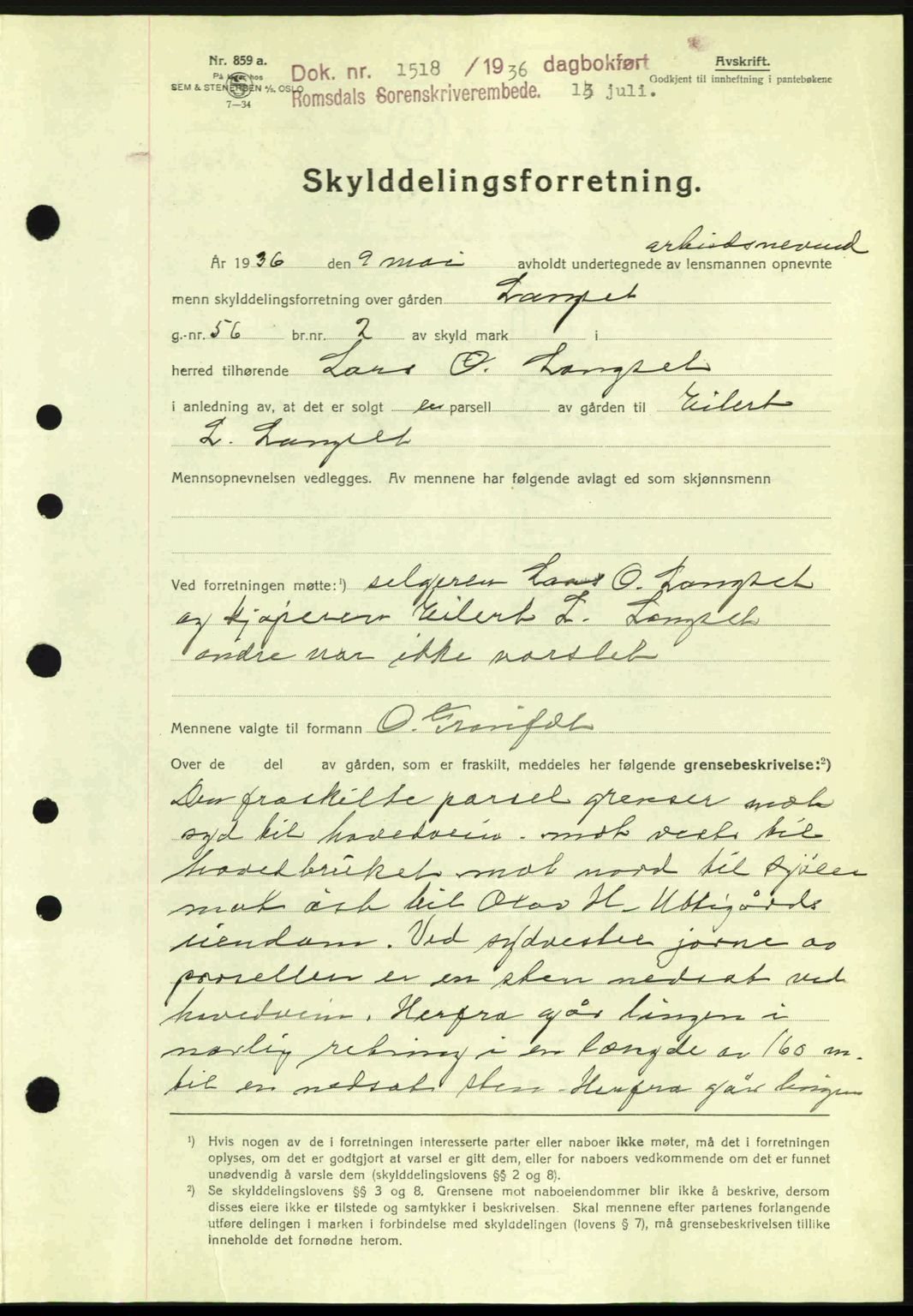 Romsdal sorenskriveri, AV/SAT-A-4149/1/2/2C: Mortgage book no. A1, 1936-1936, Diary no: : 1518/1936