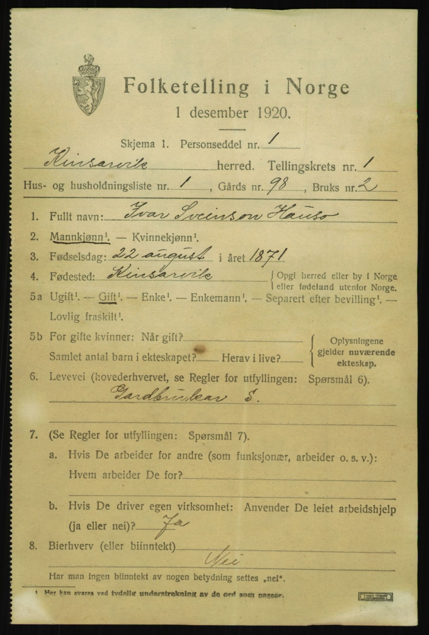 SAB, 1920 census for Kinsarvik, 1920, p. 730