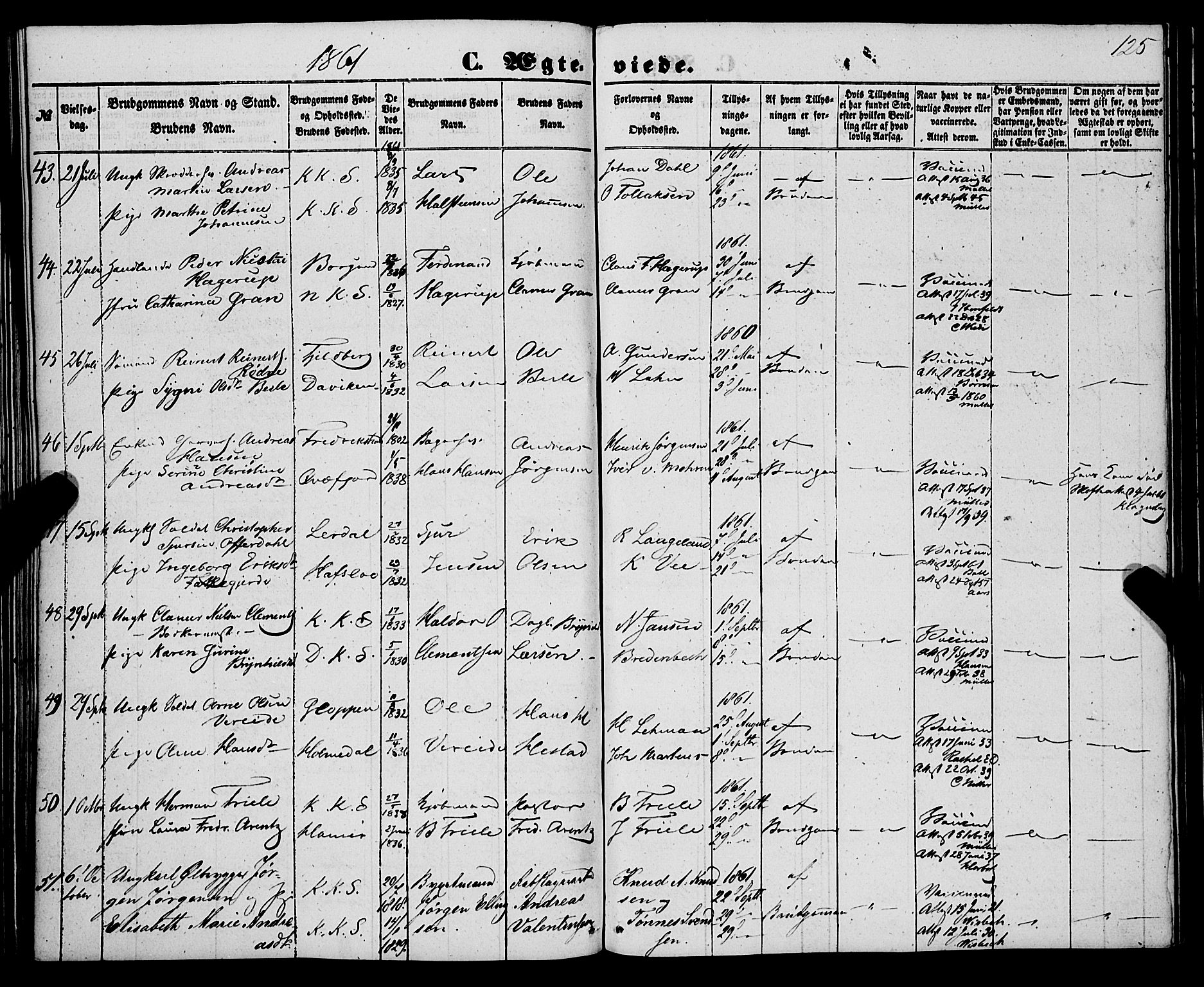 Korskirken sokneprestembete, AV/SAB-A-76101/H/Haa/L0035: Parish register (official) no. D 2, 1852-1867, p. 125