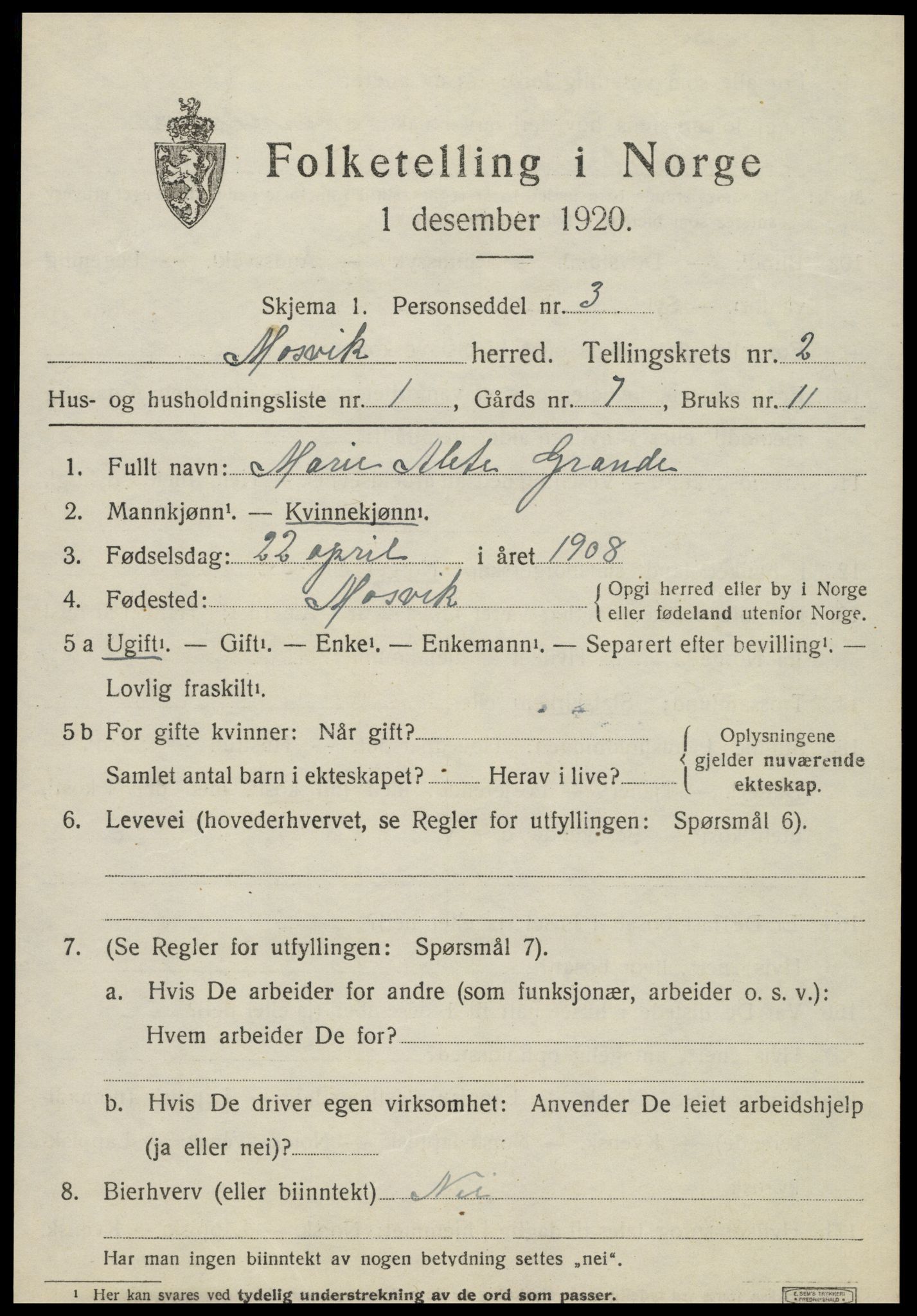 SAT, 1920 census for Mosvik, 1920, p. 566