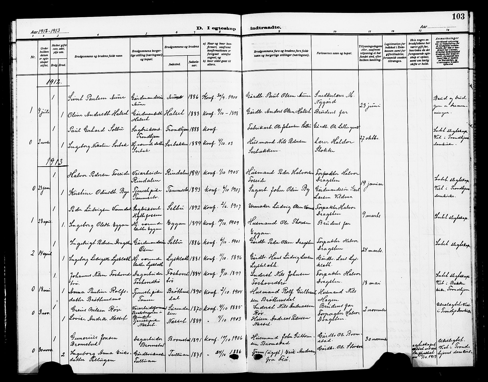 Ministerialprotokoller, klokkerbøker og fødselsregistre - Sør-Trøndelag, SAT/A-1456/618/L0453: Parish register (copy) no. 618C04, 1907-1925, p. 103