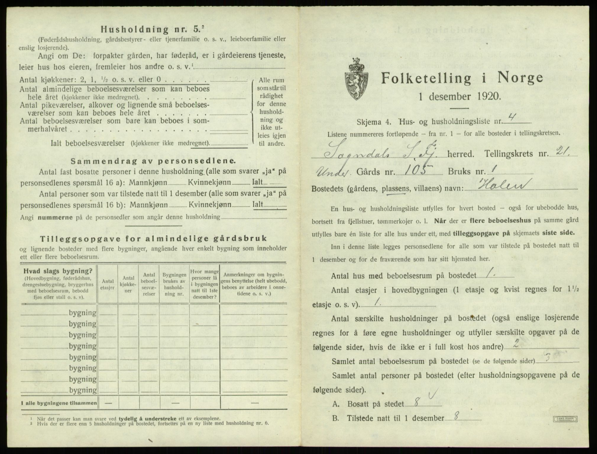 SAB, 1920 census for Sogndal, 1920, p. 1139