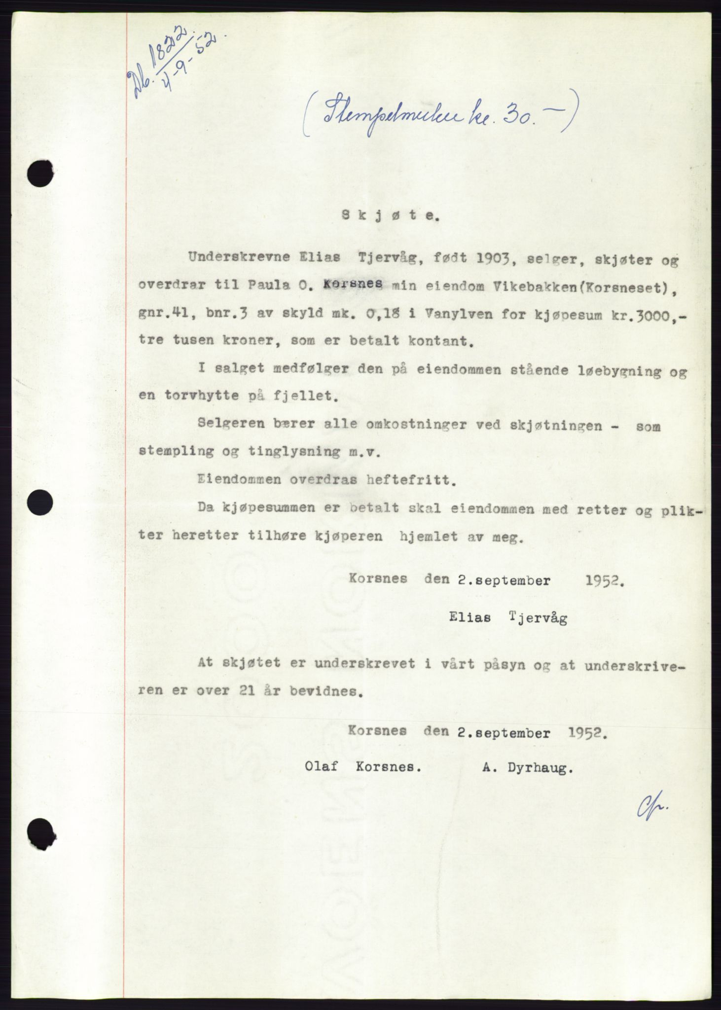 Søre Sunnmøre sorenskriveri, AV/SAT-A-4122/1/2/2C/L0092: Mortgage book no. 18A, 1952-1952, Diary no: : 1822/1952
