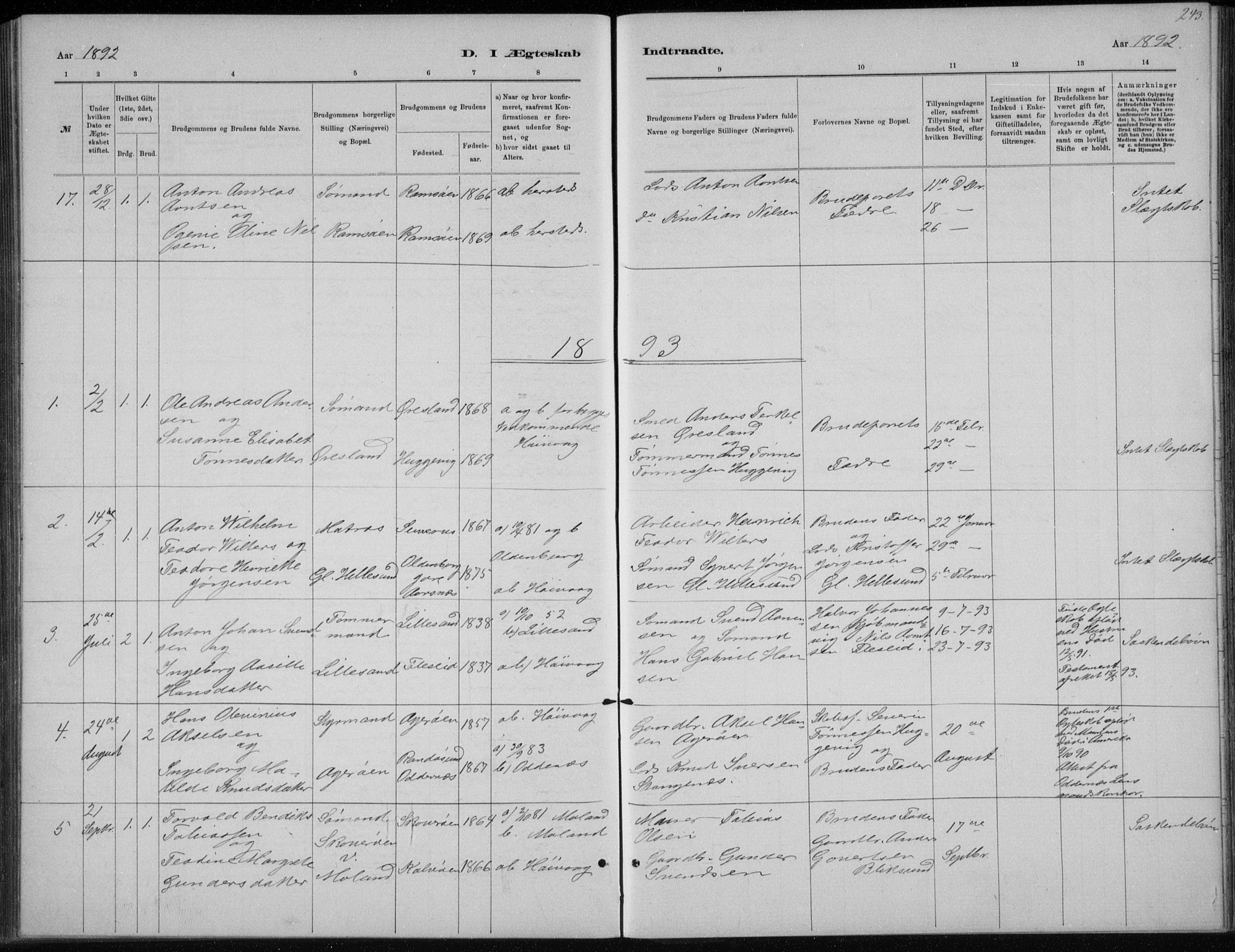 Høvåg sokneprestkontor, SAK/1111-0025/F/Fb/L0004: Parish register (copy) no. B 4, 1883-1898, p. 243