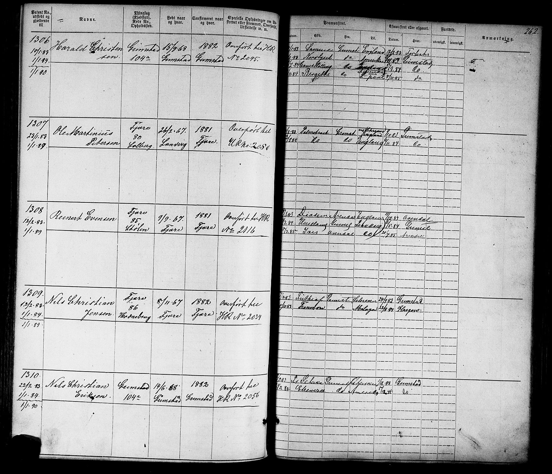 Grimstad mønstringskrets, SAK/2031-0013/F/Fa/L0005: Annotasjonsrulle nr 1-1910 med register, V-18, 1870-1892, p. 296