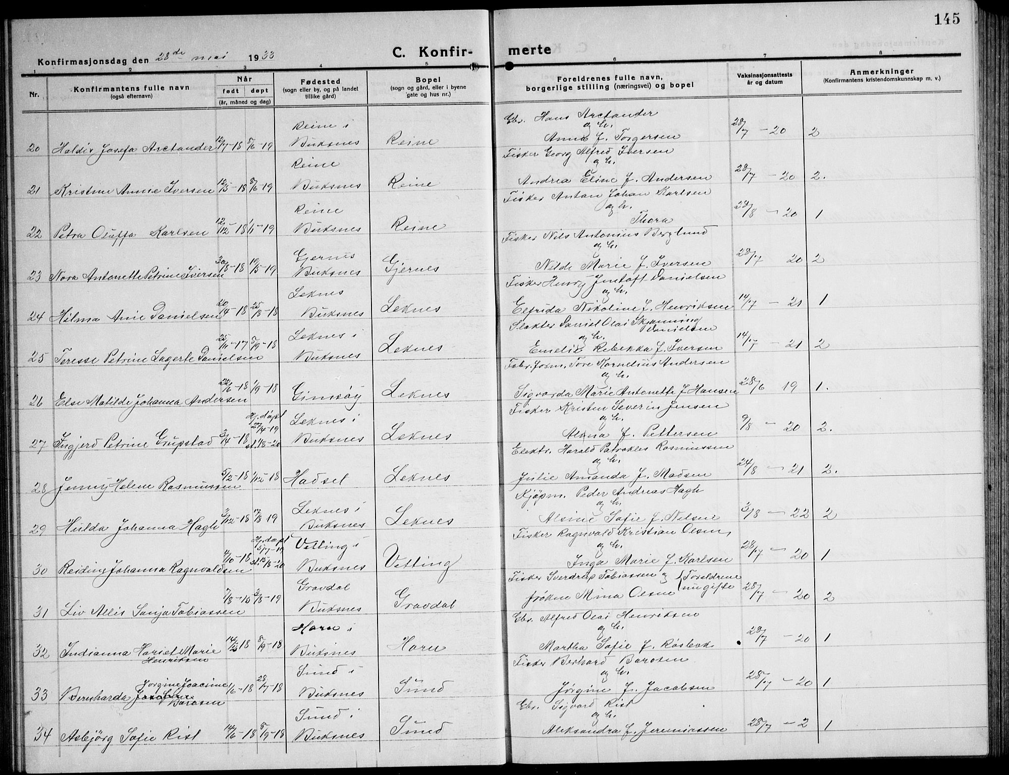 Ministerialprotokoller, klokkerbøker og fødselsregistre - Nordland, AV/SAT-A-1459/881/L1170: Parish register (copy) no. 881C07, 1930-1943, p. 145