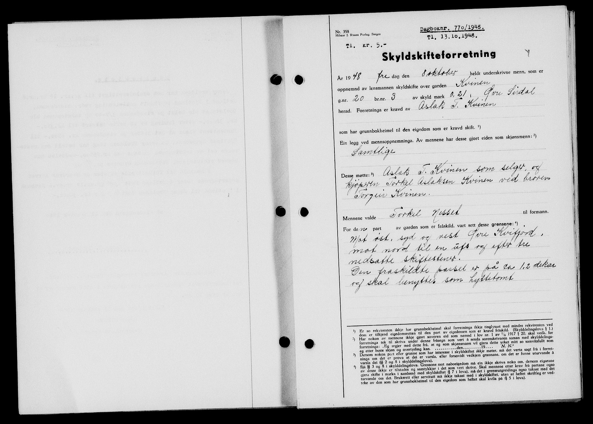 Flekkefjord sorenskriveri, SAK/1221-0001/G/Gb/Gba/L0064: Mortgage book no. A-12, 1948-1949, Diary no: : 770/1948