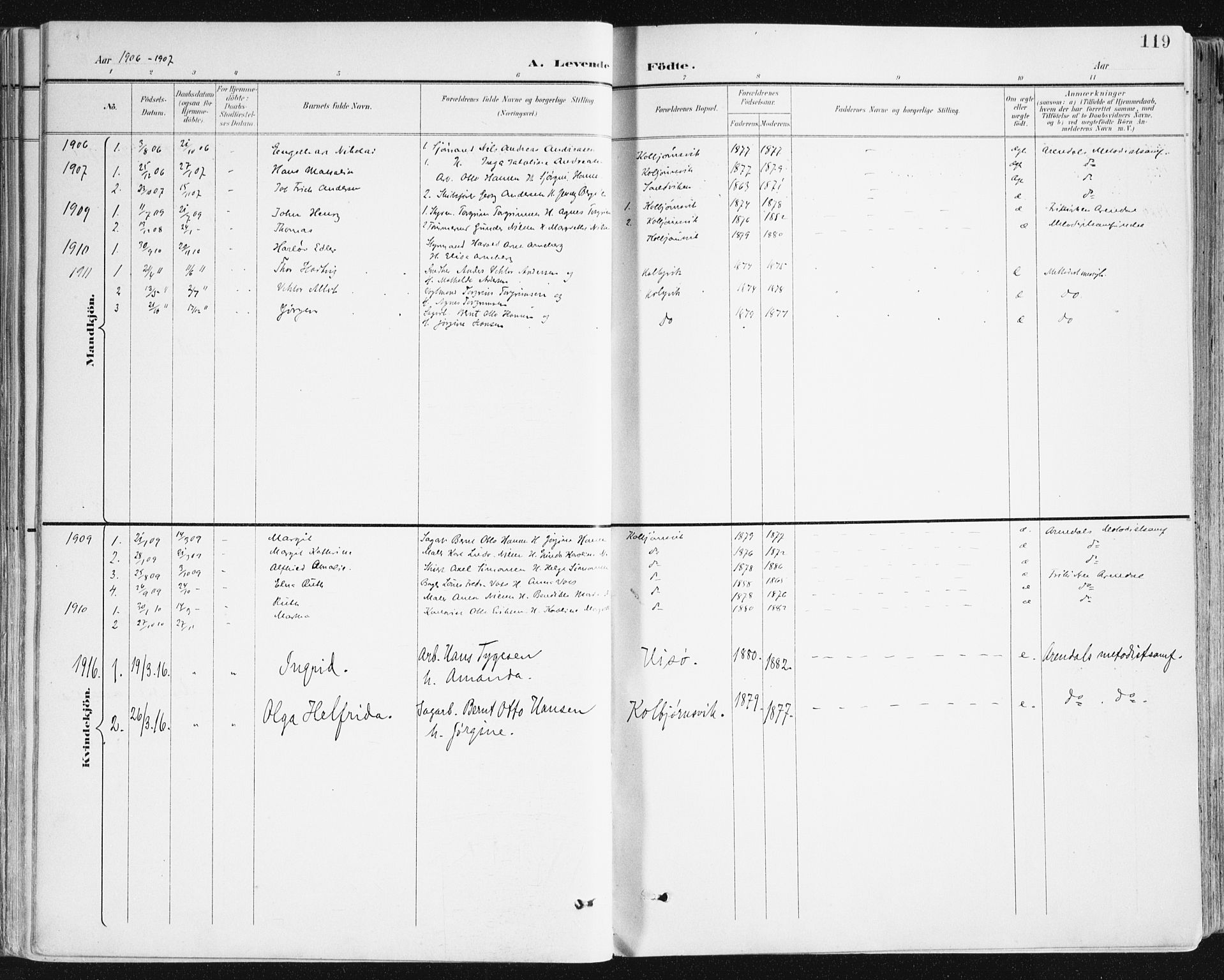 Hisøy sokneprestkontor, SAK/1111-0020/F/Fa/L0004: Parish register (official) no. A 4, 1895-1917, p. 119
