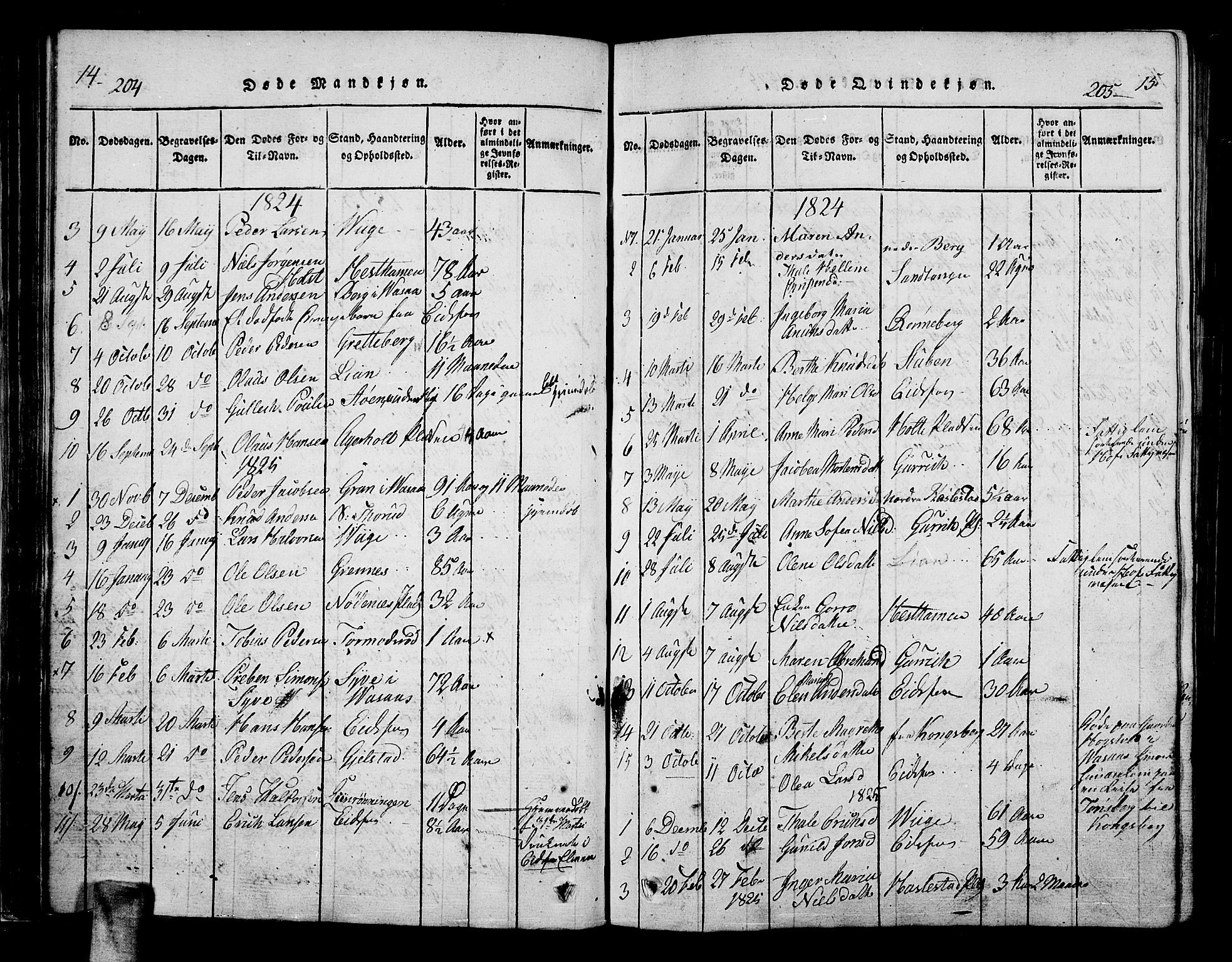 Hof kirkebøker, SAKO/A-64/F/Fa/L0004: Parish register (official) no. I 4, 1814-1843, p. 204-205