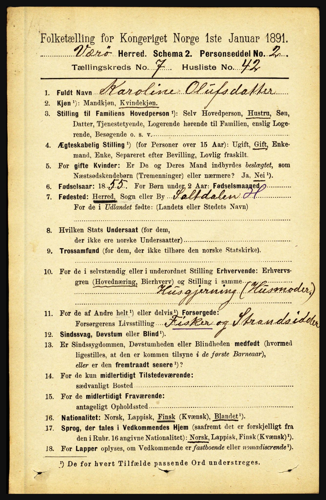 RA, 1891 census for 1857 Værøy, 1891, p. 1027