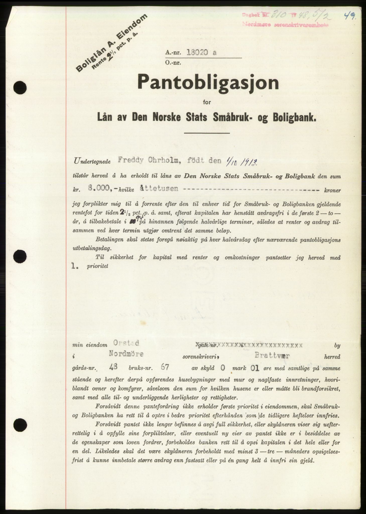 Nordmøre sorenskriveri, AV/SAT-A-4132/1/2/2Ca: Mortgage book no. B98, 1948-1948, Diary no: : 310/1948