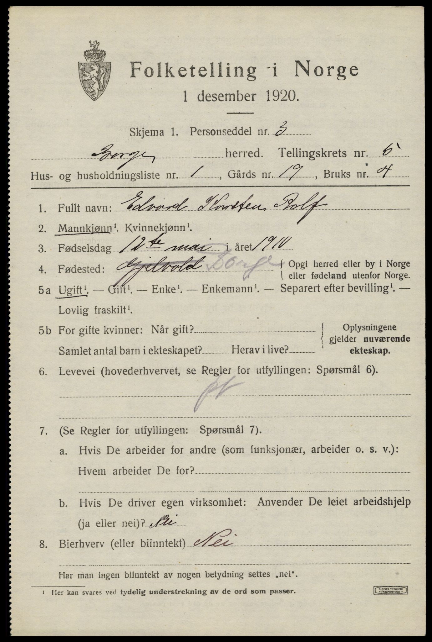 SAT, 1920 census for Borge, 1920, p. 5079