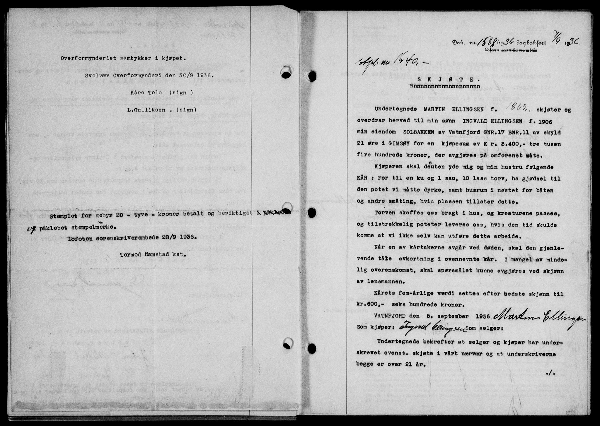 Lofoten sorenskriveri, SAT/A-0017/1/2/2C/L0001a: Mortgage book no. 1a, 1936-1937, Diary no: : 1588/1936
