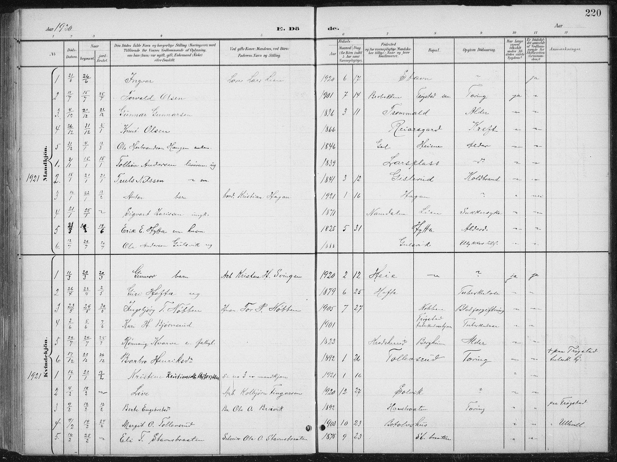 Nes kirkebøker, AV/SAKO-A-236/G/Gb/L0001: Parish register (copy) no. II 1, 1901-1939, p. 220