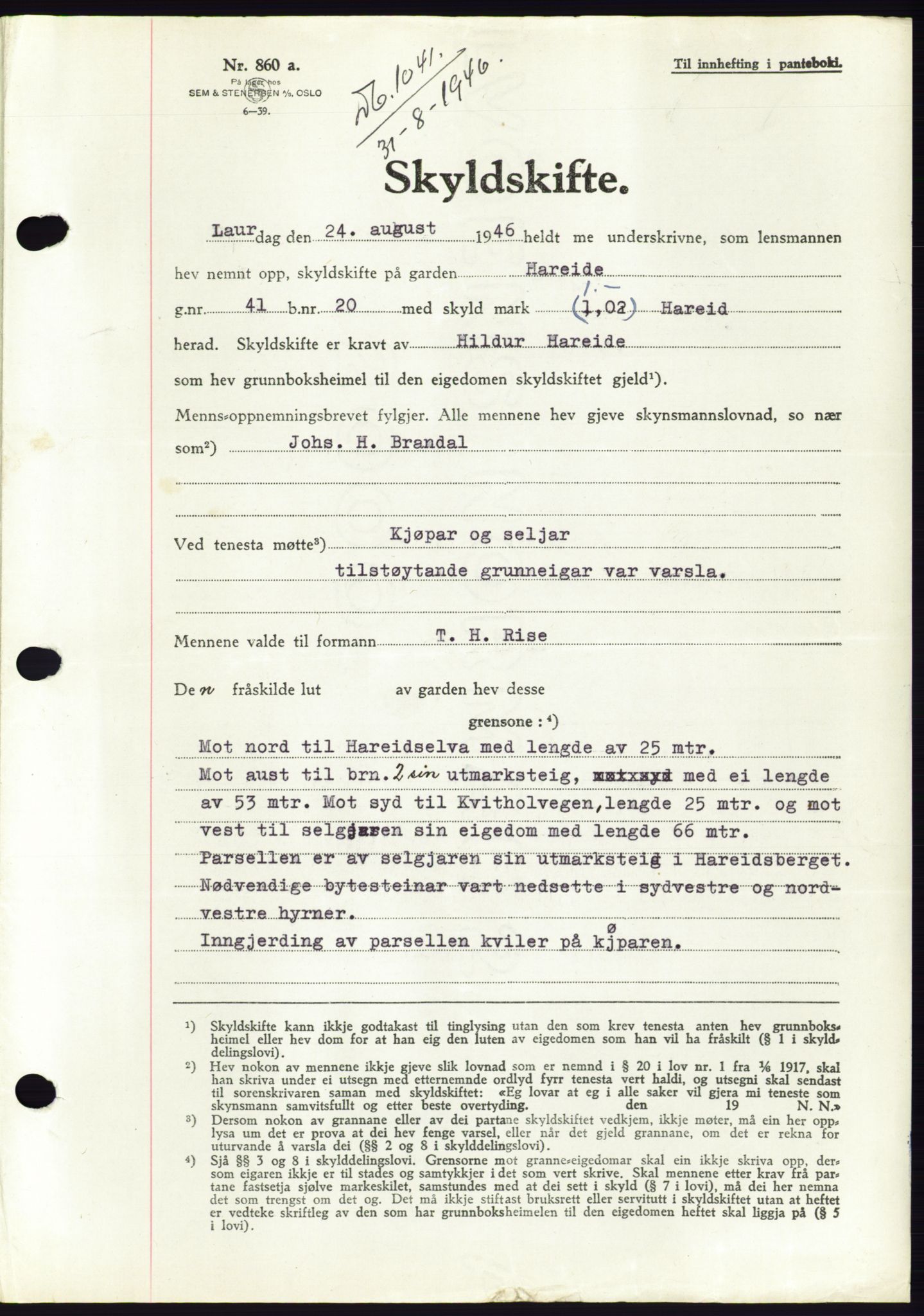 Søre Sunnmøre sorenskriveri, AV/SAT-A-4122/1/2/2C/L0078: Mortgage book no. 4A, 1946-1946, Diary no: : 1041/1946