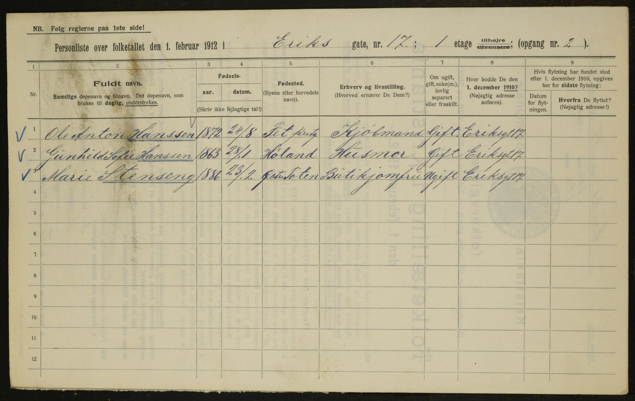 OBA, Municipal Census 1912 for Kristiania, 1912, p. 20040