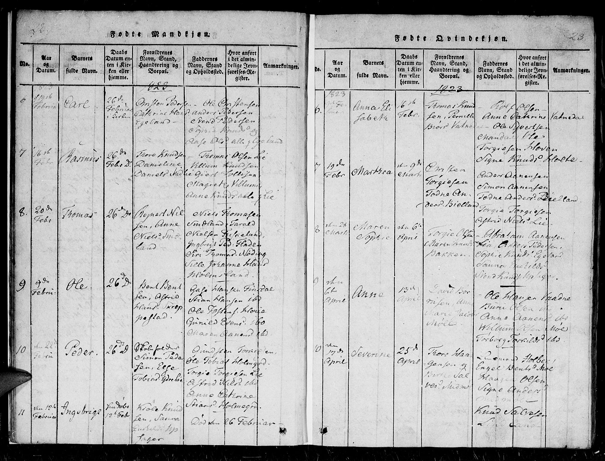 Holum sokneprestkontor, AV/SAK-1111-0022/F/Fa/Faa/L0004: Parish register (official) no. A 4, 1820-1849, p. 22-23