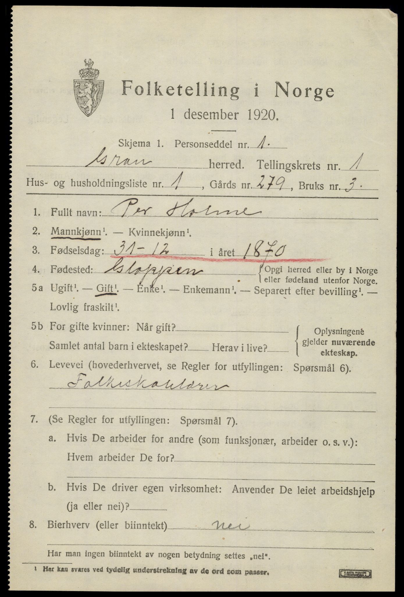 SAH, 1920 census for Gran, 1920, p. 1682