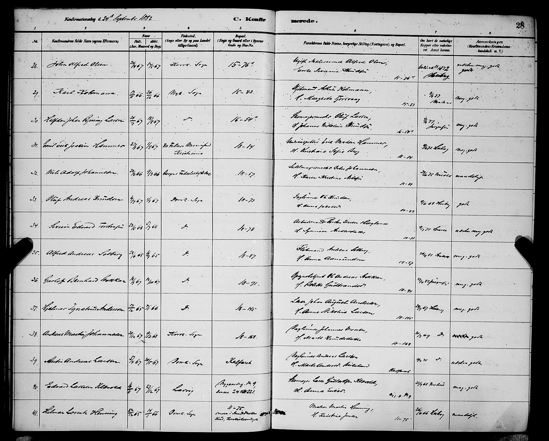 Domkirken sokneprestembete, SAB/A-74801/H/Hab/L0024: Parish register (copy) no. C 4, 1880-1899, p. 28
